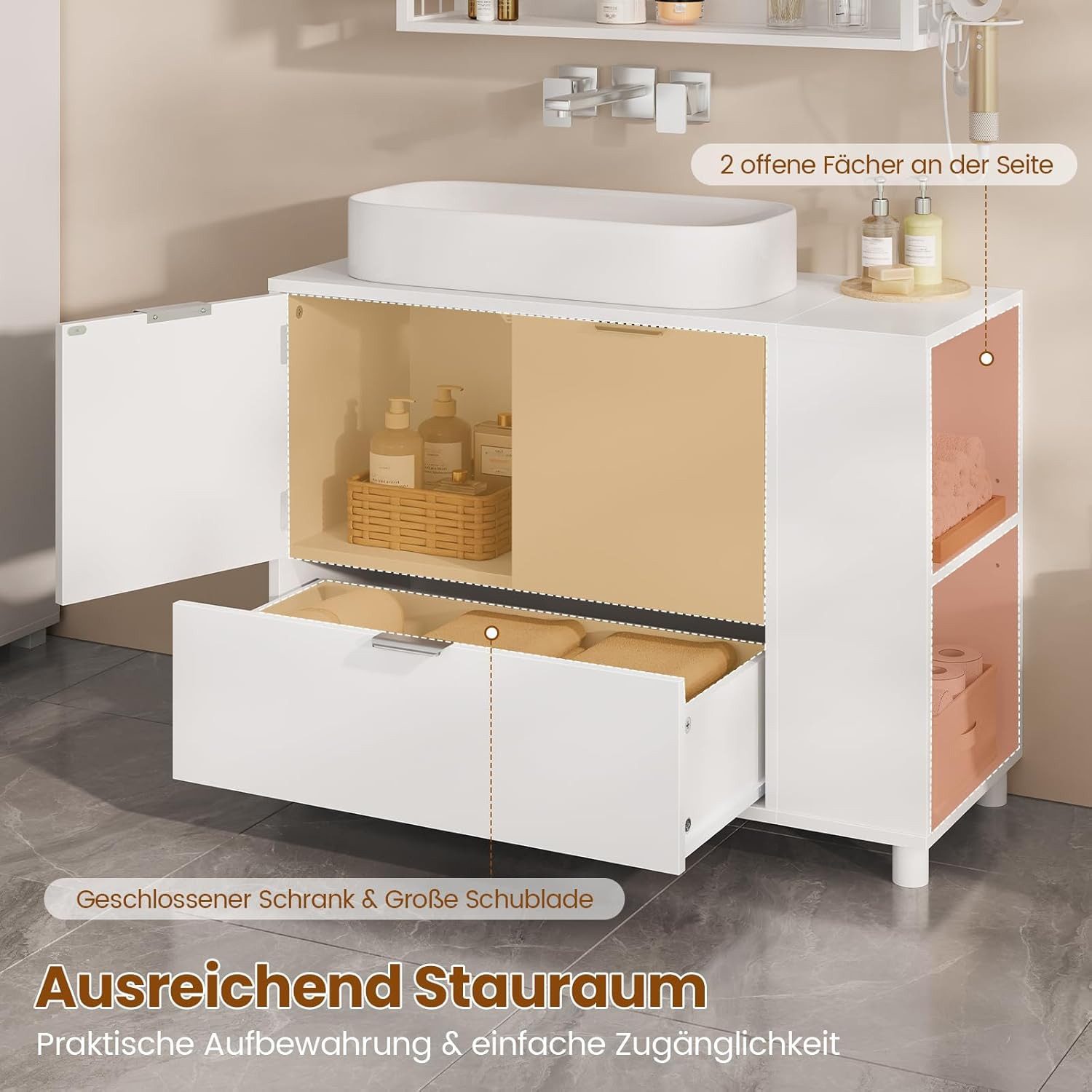 MSMASK Waschbeckenunterschrank Badezimmerschrank mit 2 Türen, Große Schublade, 30 x 60 x 75 cm Offene Fächer an Einer Seite, Rechts Oder Links Austauschbar, Weiß