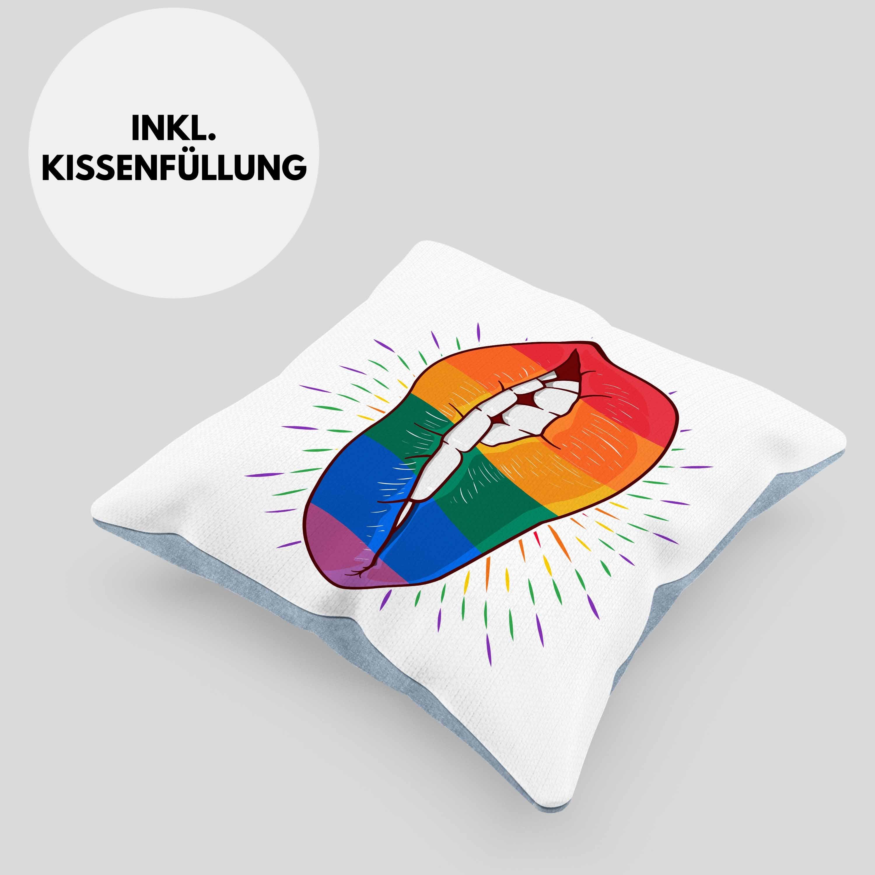 Geschenk Lesben Bunte Kissen 40x40 LGBT Dekokissen Lippe Regenbogen Dekokissen Lustige Transgender Trendation Schwule Trendation Grafik mit für Regenbogen - Füllung Blau