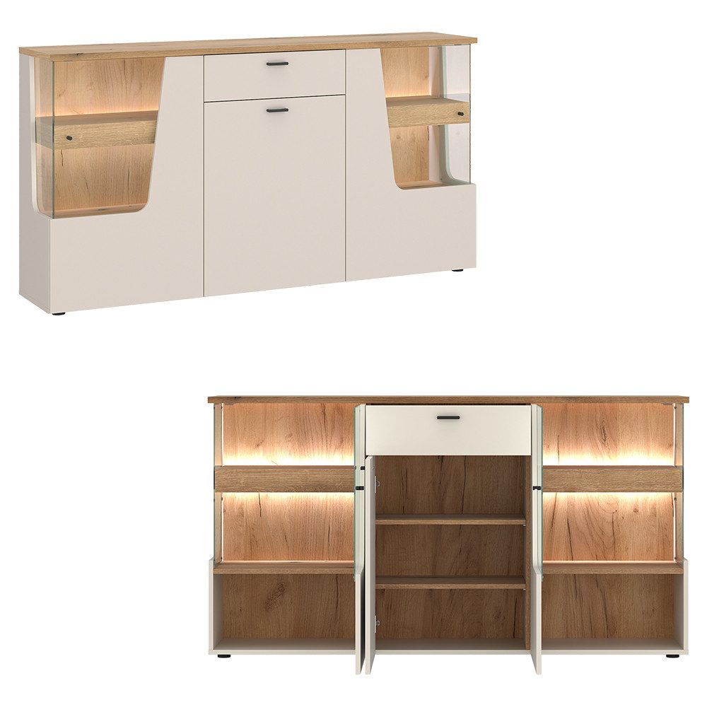 Lomadox Wohnzimmer-Set CARMONA-129, (Mega-Spar-Set, 5-St., Couchtisch Highboard Lowboard Sideboard Vitrine), in Kaschmir und Eiche, inkl. LED-Beleuchtung