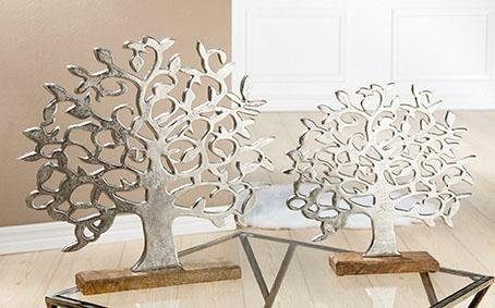 GILDE Dekoobjekt Lebensbaum auf Holzbase, silber (1 St), Höhe 46 cm, aus Metall, Sockel aus Holz, Wohnzimmer