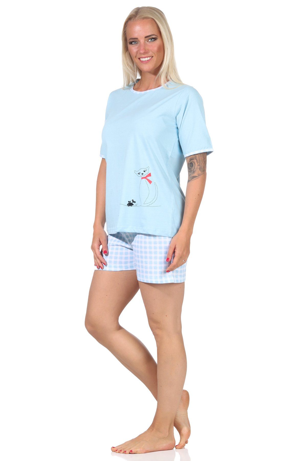 Shorty kurzarm Pyjama Katzen-Motiv 66334 Damen Schlafanzug süßem hellblau mit - Normann