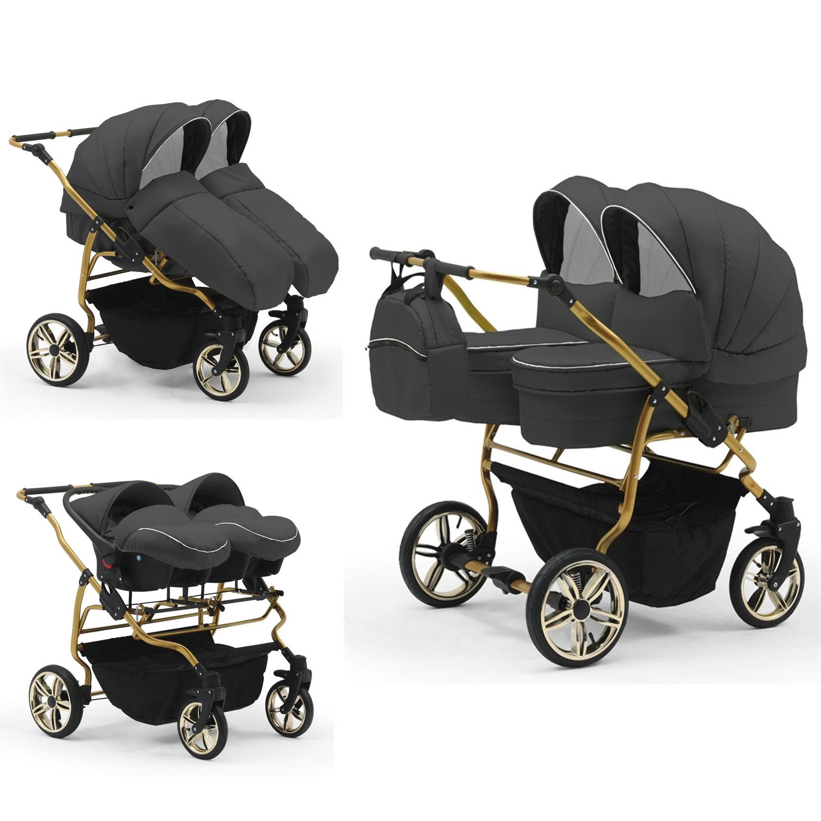 babies-on-wheels Zwillingswagen Duet Lux Gold - 13 1 Dunkelgrau 3 Farben Autositze 33 in Teile in - inkl