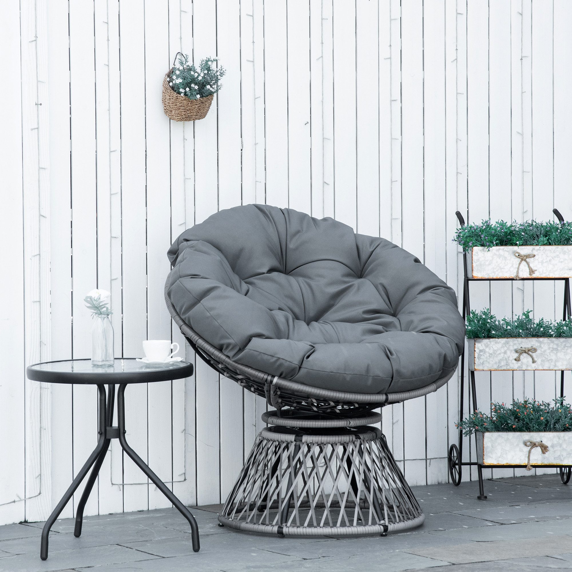 Outsunny Gartensessel Papasansessel Korbsessel Sessel mit Polster Rattan Grau (Sessel, 1-St., Korbsessel), um 360 Grad drehbar