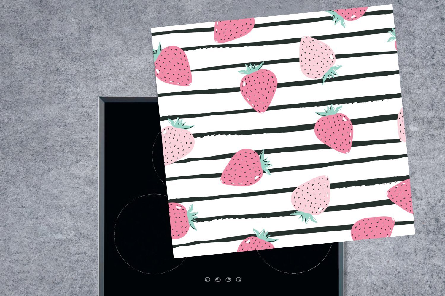 küche Rosa MuchoWow für Sommerlich - tlg), Vinyl, 78x78 - (1 Herdblende-/Abdeckplatte Erdbeeren Streifen, Arbeitsplatte cm, Ceranfeldabdeckung, -