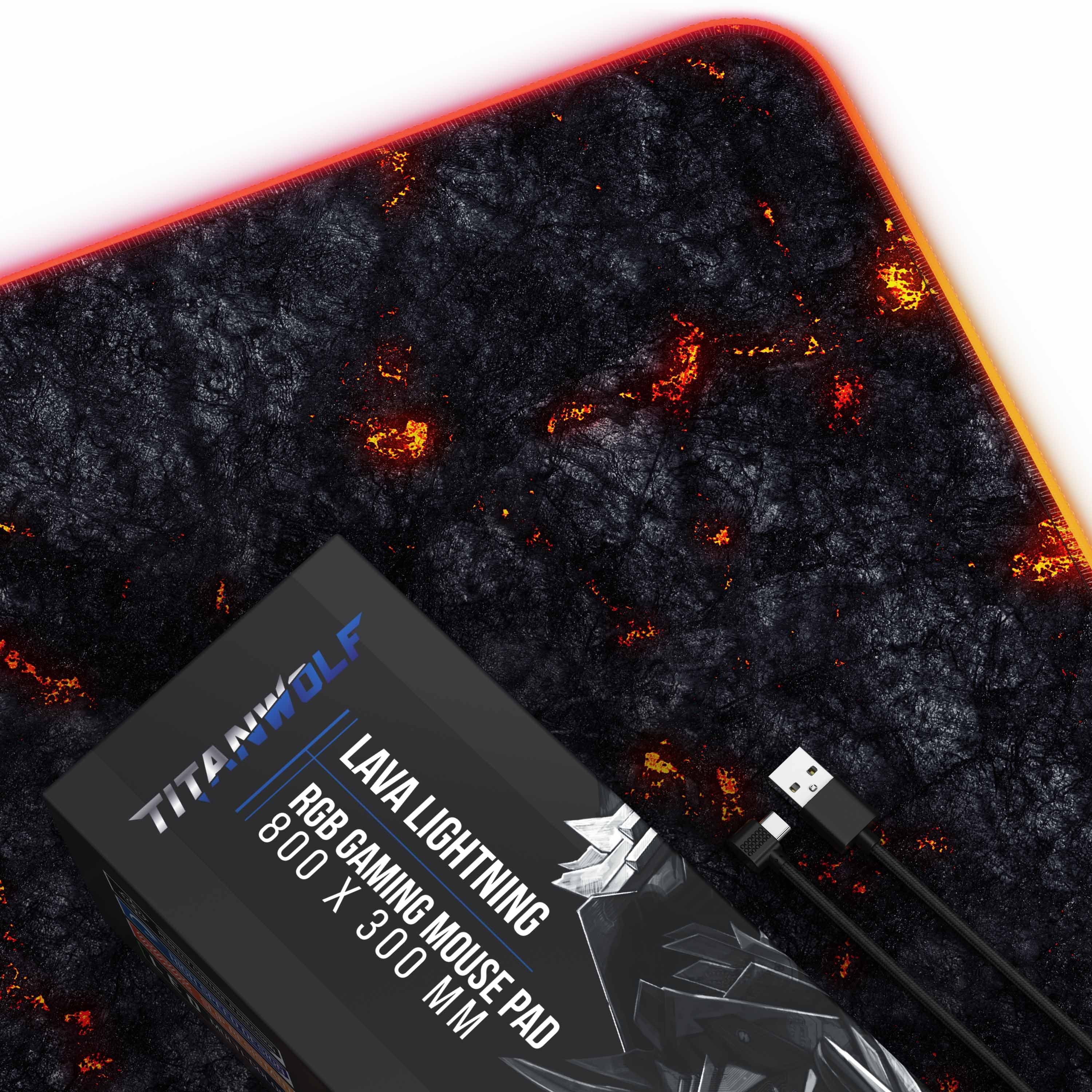 Titanwolf Gaming Mauspad RGB Mousepad 800 x 300 x 3 mm, LED Multi Color XL Tischunterlage, rutschfest, abwaschbar, Geschwindigkeit & Präzision, Lavamotiv