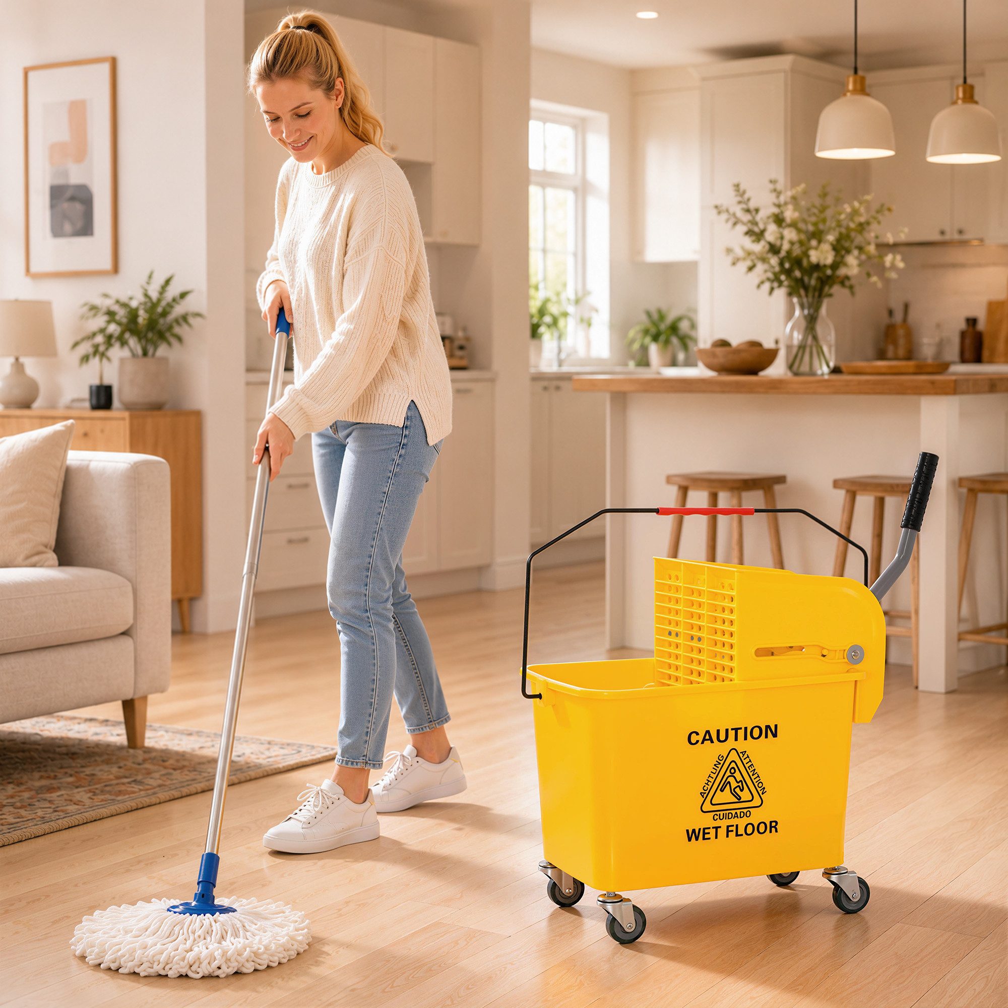 HOMCOM Putzeimer Reinigungswagen mit Wischmopp, 20 L Eimer, mit Trennwand, (2 Kammern, 1-tlg., Gelb), 60cm x 27cm x 70,5cm