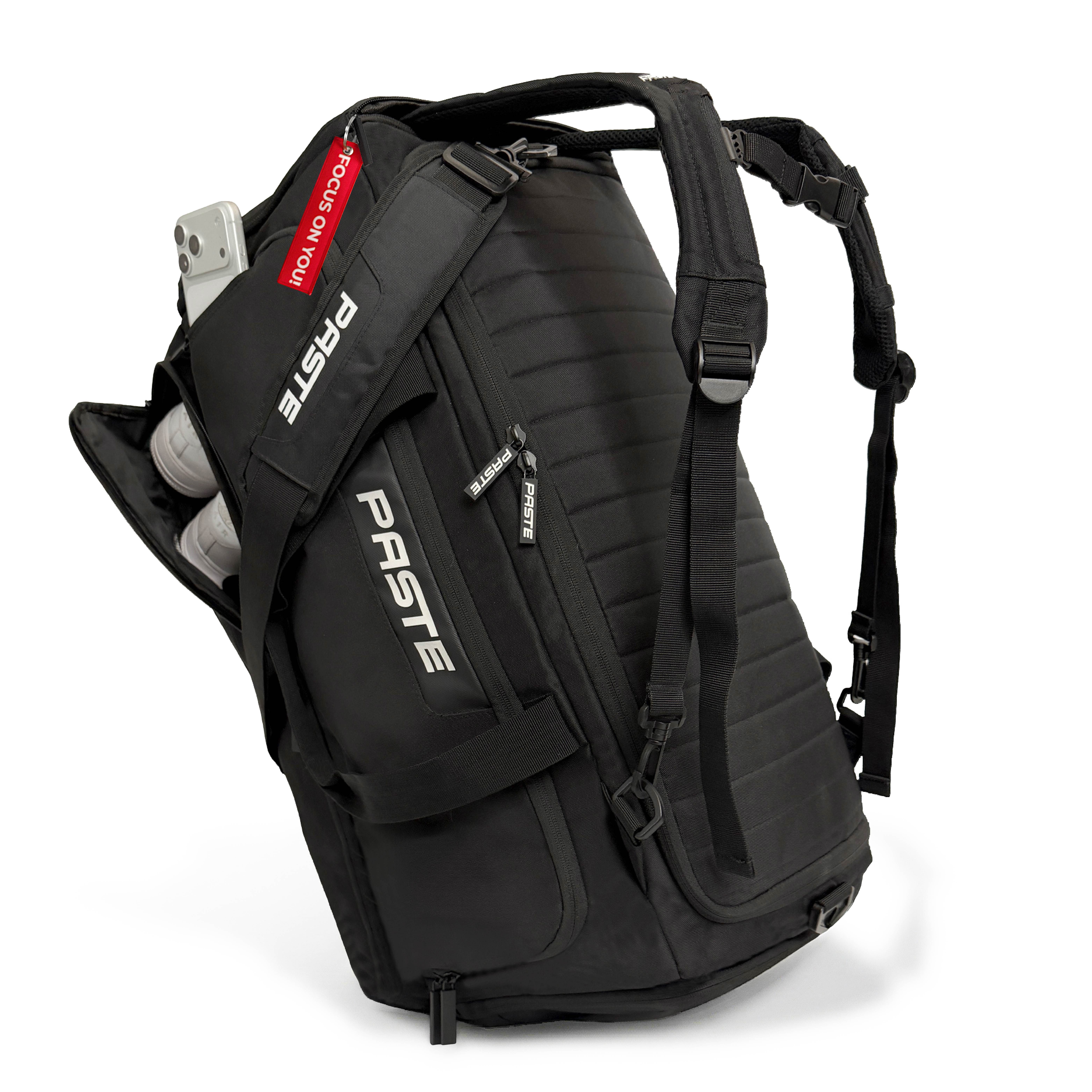 PASTE® Sporttasche & Fitness Tasche XL 68L Schuhfach, Rucksackfunktion & Kühlfach Fußball (ALL IN PRO, in Schwarz), Trainingstasche & Fußballtasche für Damen & Herren