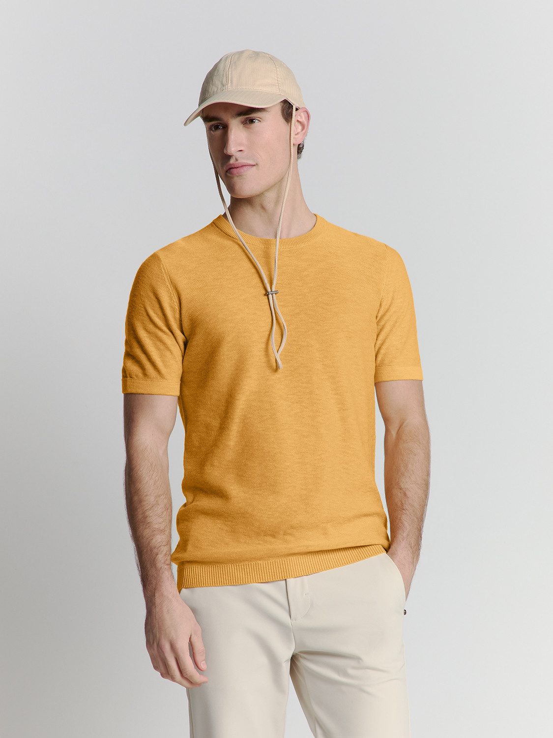 NO EXCESS T-Shirt Pullover Short Sleeve Crewneck Solid Slub Knit, Yellow