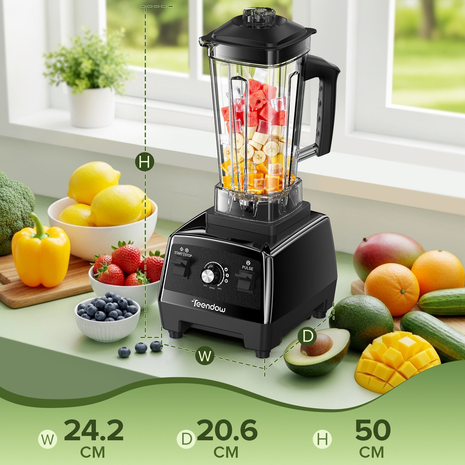 Teendow Standmixer Standmixer Hochleistungsmixer 1800W 2L BPA frei Smoothie Mixer, 1800 W, mit Rührstab, Selbstreinigend, 6 Edelstahlklingen – Bild 5 von 5