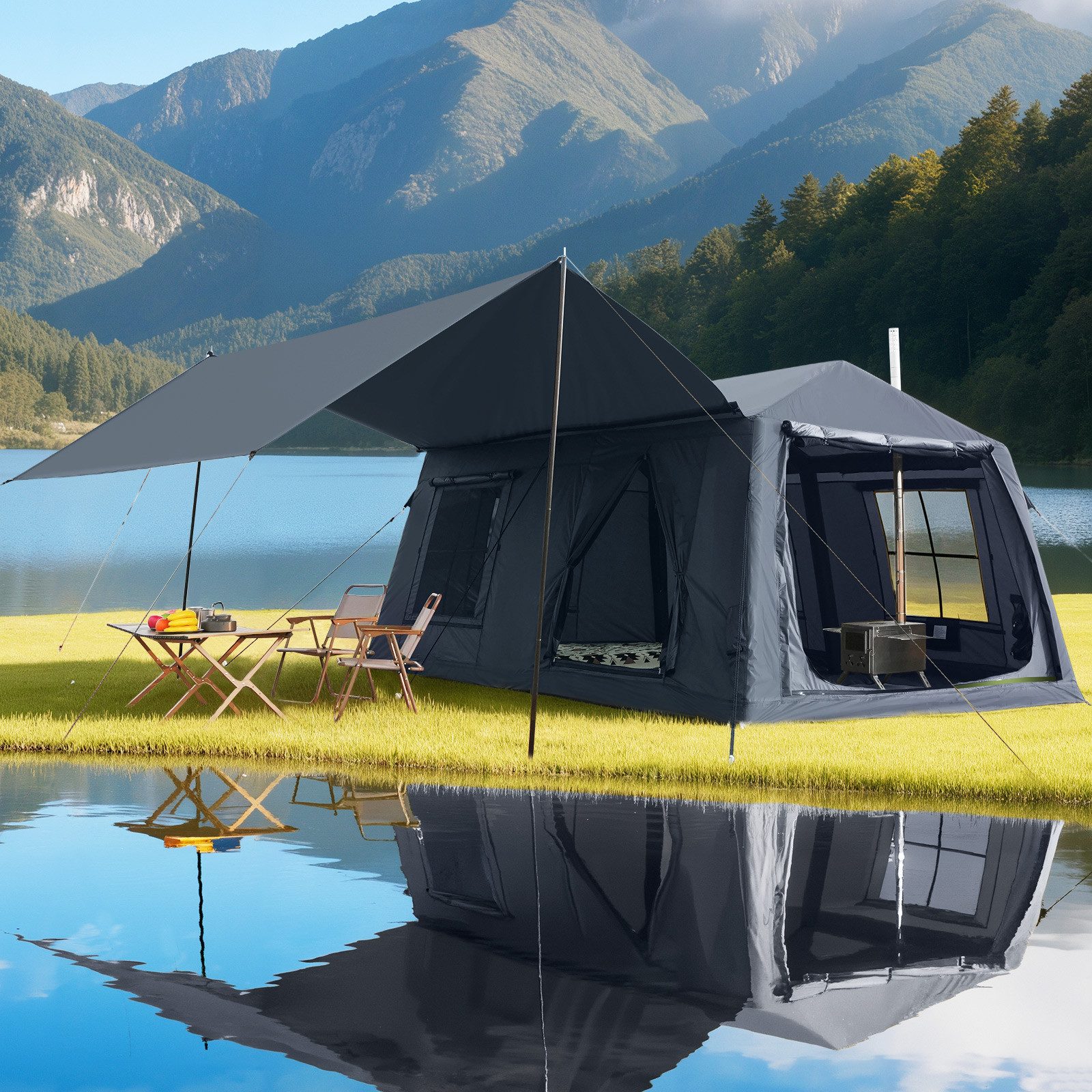 Meulbaty aufblasbares Zelt Air Glamping Zelte, Gampingzelt aus wasserdichtem Oxford-Stoff, Personen: 8 (1 tlg), mit aufrollbarem Trennvorhang & 4 großzügigen Belüftungsfenstern