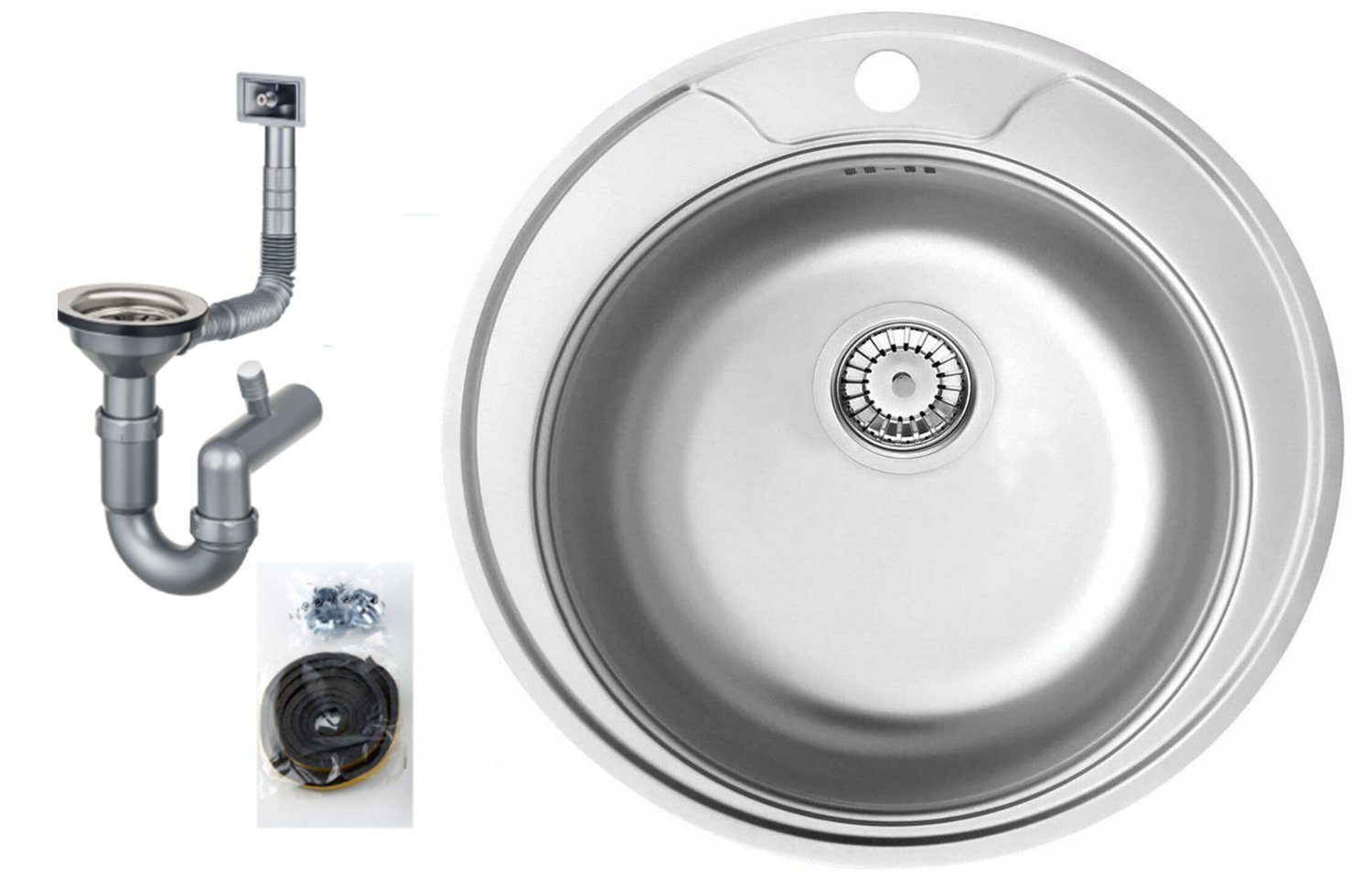 Edelstahlspüle Edelstahl Küchenspüle Rund Spüle 51 cm Einbauspüle Spüle + Zubehör