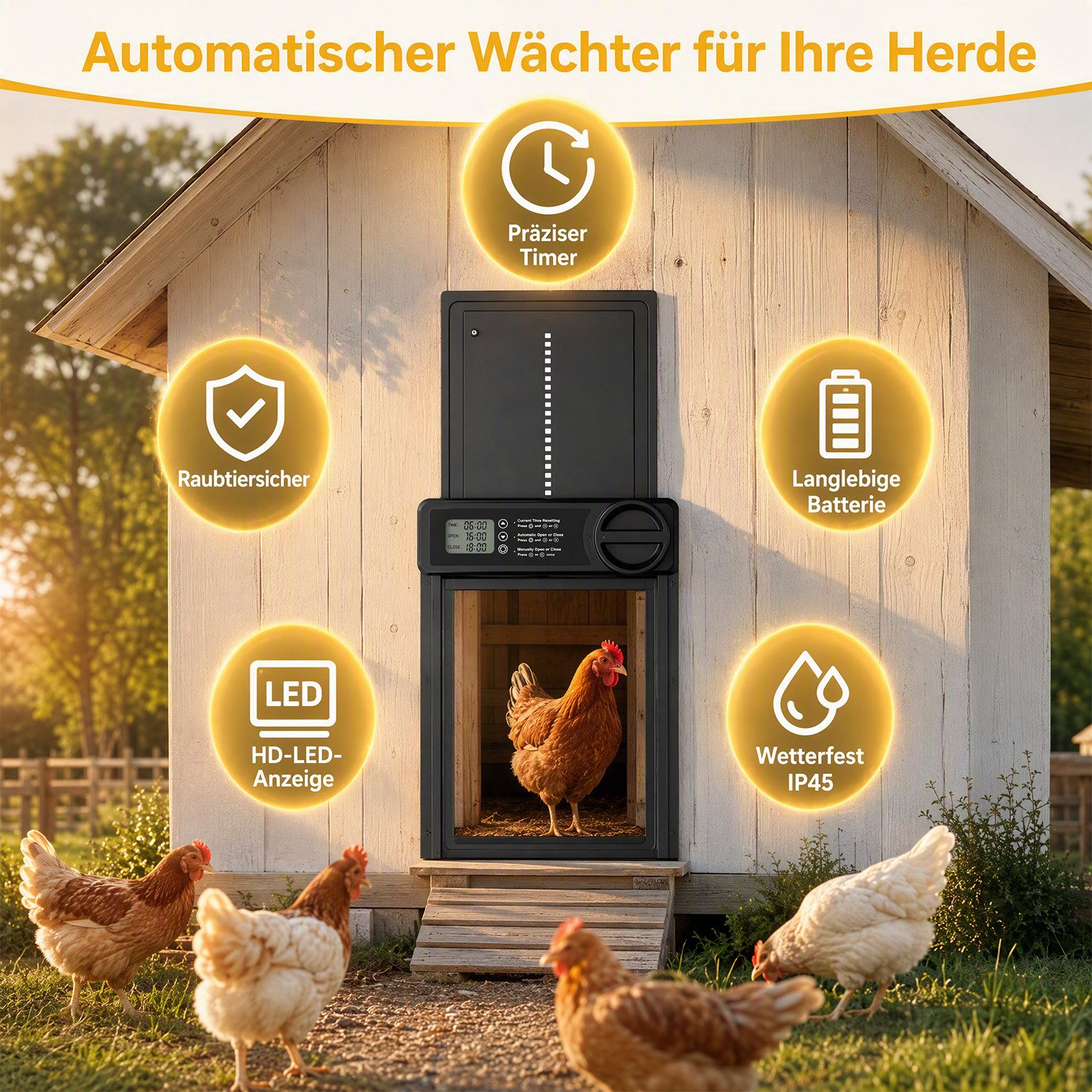 AKKEE Hühnerstall Automatische Hühnerklappe Aluminiumlegierung Wasserdicht Timer, Einklemmschutz Großes LCD-Display mit Zeit/Handmodus – Bild 4 von 5
