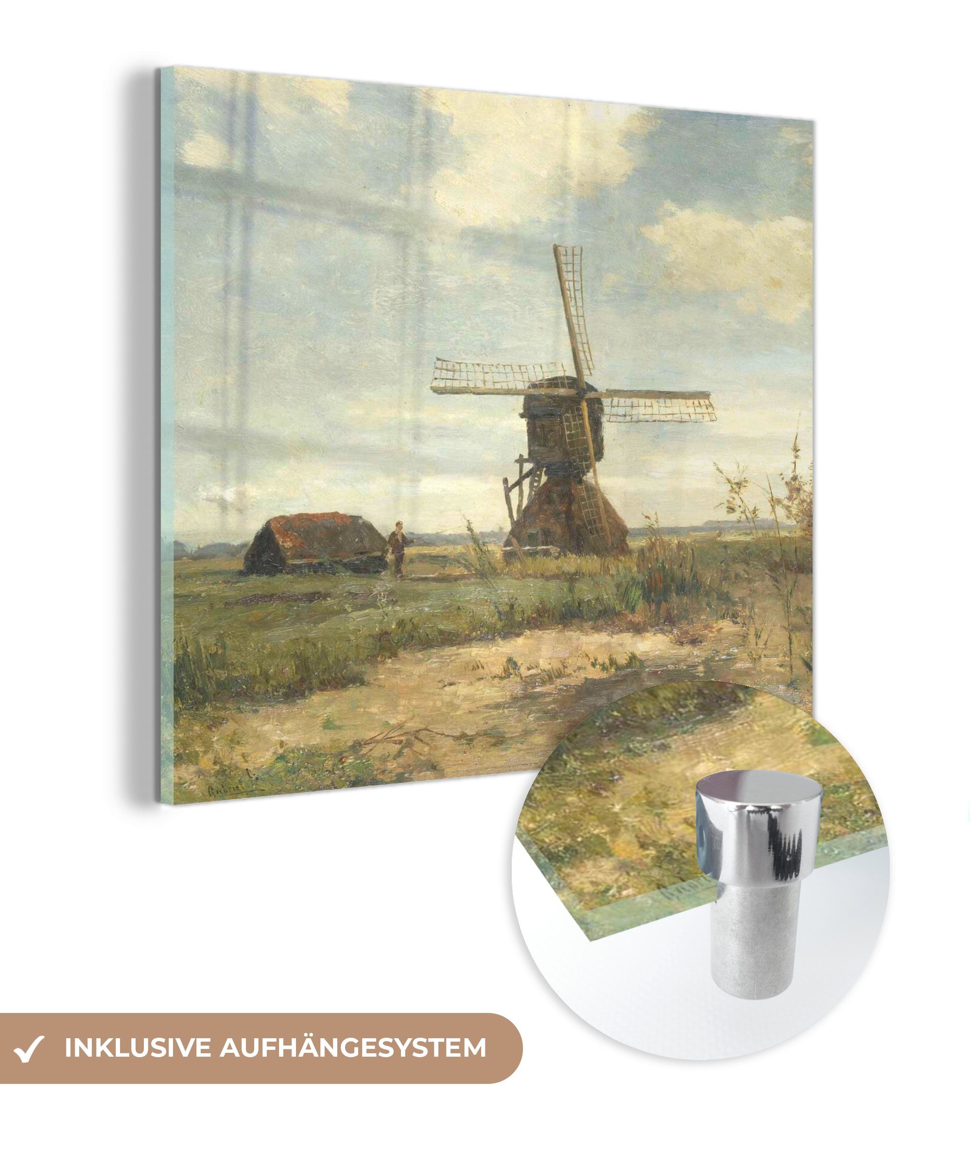 MuchoWow Acrylglasbild Sonniger Tag, eine Mühle am Kanal - Gemälde von Paul Joseph Constantin, (1 St), Glasbilder - Bilder auf Glas Wandbild - Foto auf Glas - Wanddekoration