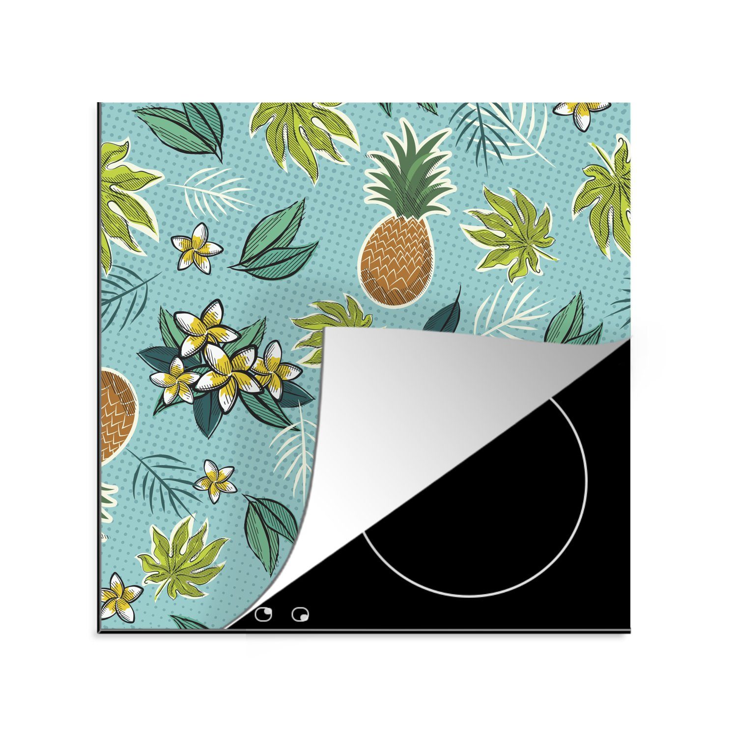 eines Vinyl, tlg), küche MuchoWow tropischen Ceranfeldabdeckung, (1 Ananas Blumen, Musters und mit 78x78 für Herdblende-/Abdeckplatte Arbeitsplatte Illustration cm,