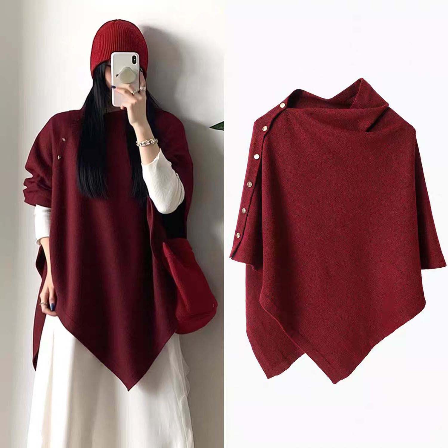Oemmn Poncho Damen Shawl, Knopfdesign, vielseitige Oberbekleidung