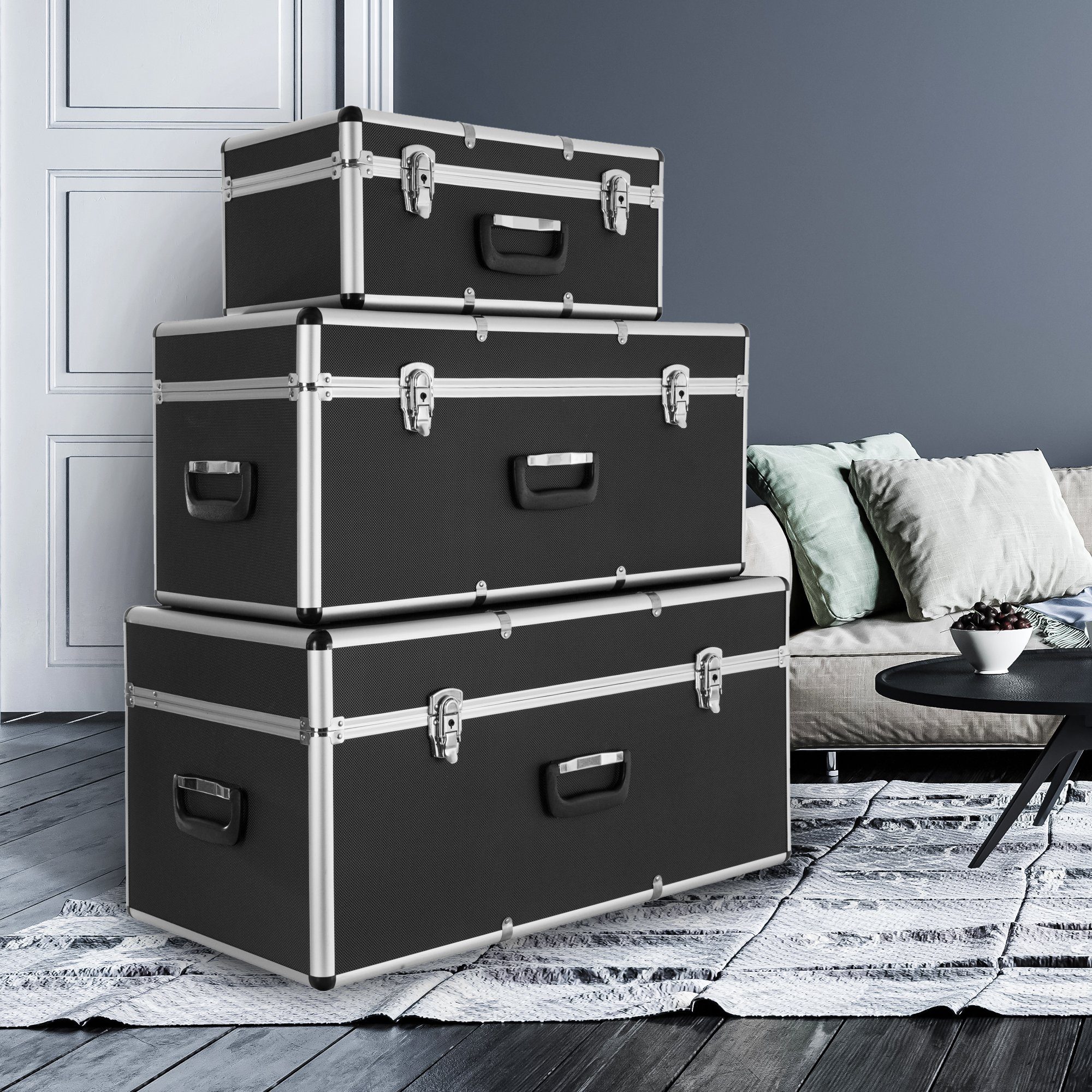 Arebos Werkzeugbox Alu-Transportkoffer-Set 3-teilig L-XL-XXL stapelbar, abschließbar (Set, 3 St), Geräumig: Volumen 30 L (L), 70 L (XL) und 100 L (XXL)