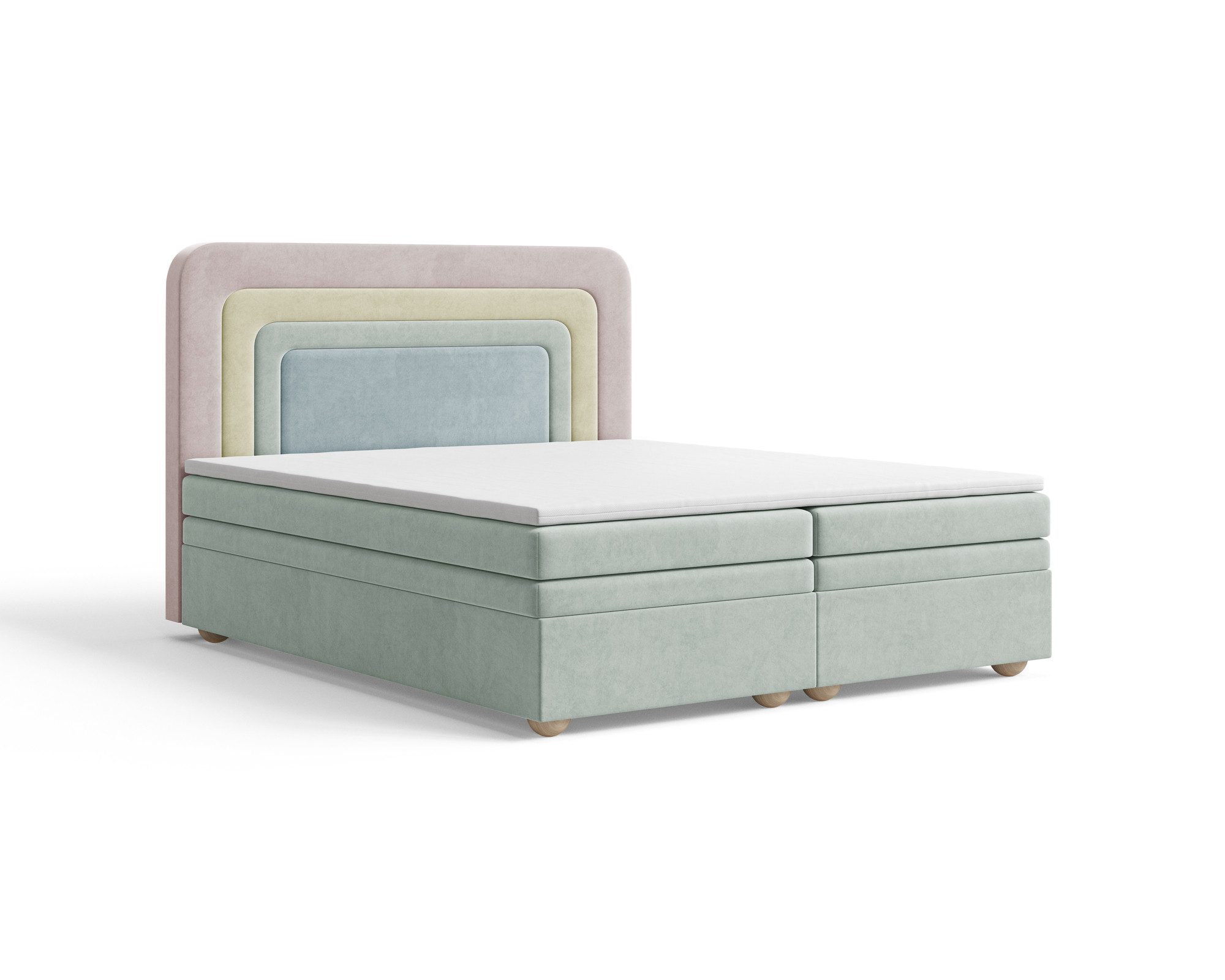 MOEBLO Boxbett NEST (Regenbogenbett, regenbogenförmige abgerundete Kopfstütze, mit Bettkasten, Samt, Velour, Bonell + Topper, Doppelbett buntes Bett), (BxHxT): 143 / 163 / 183 x 125 x 214 cm