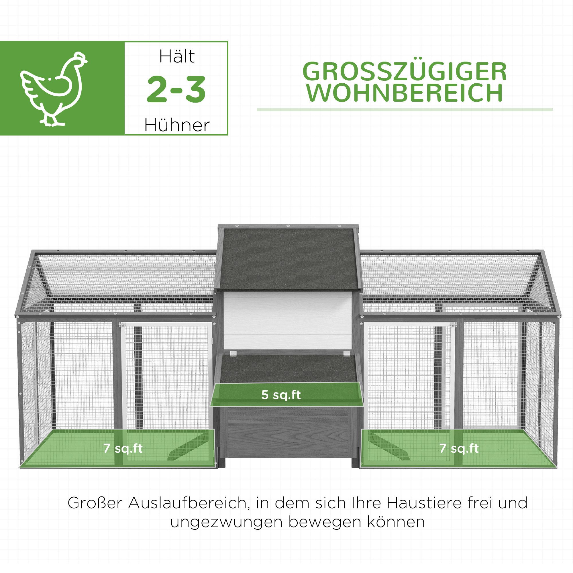 PawHut Hühnerstall Hühnerhaus aus Holz, Hühnergehege für 2-4 Hühner, für Garten, Balkon, Grau – Bild 4 von 5