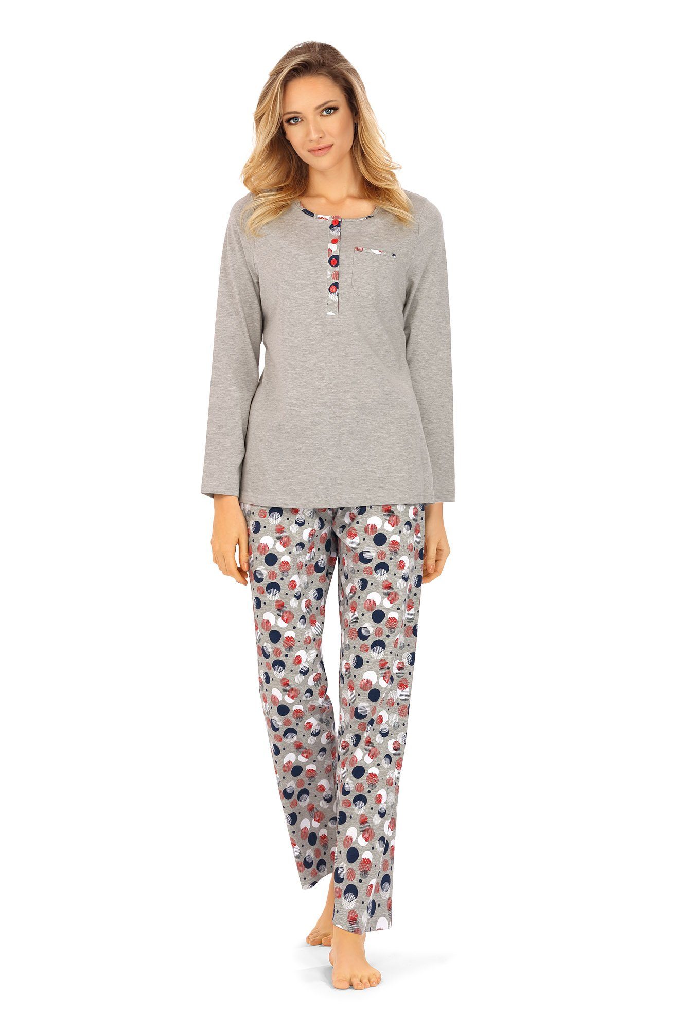 Ascafa Schlafanzug (Set, 2 tlg., 2-teilig) Damen Schlafanzug lang 2-teilig Pyjama Langarm Baumwolle Punkte