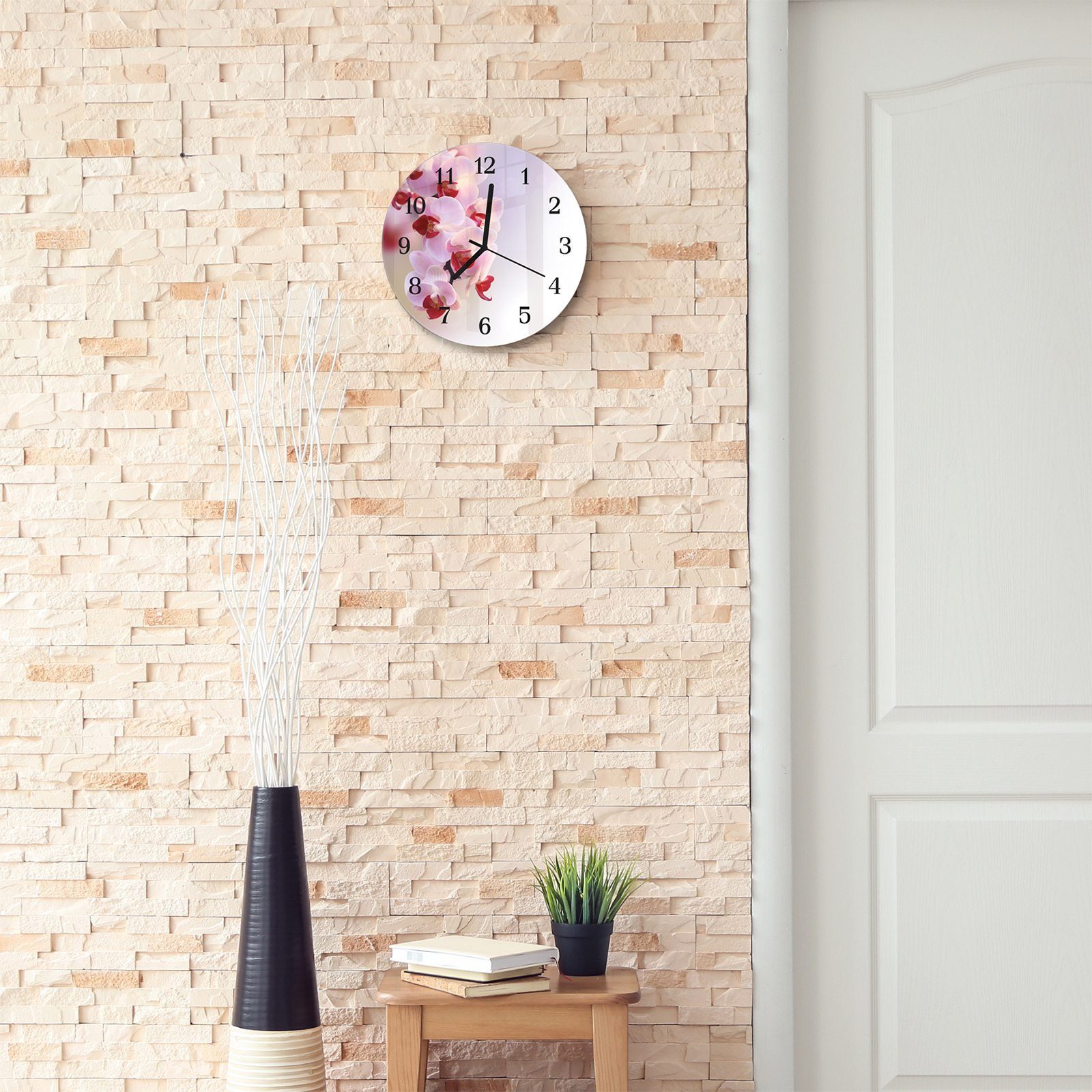 Primedeco Wanduhr und Wanduhr mit mit Rund - Motiv cm aus Durchmesser 30 Orchideenzweig Quarzuhrwerk Glas
