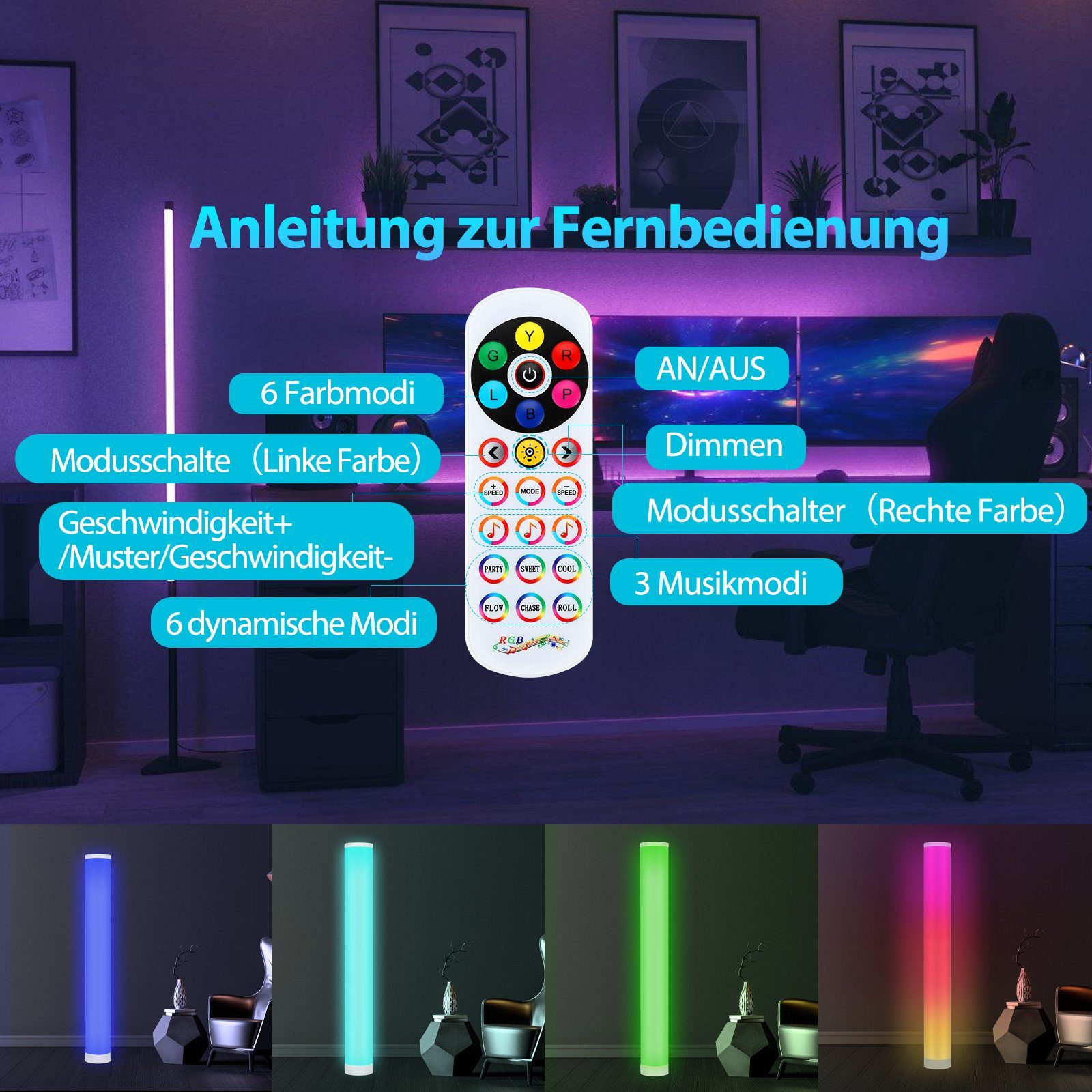 RGB Deckenfluter LED 6W Stehlampe Clanmacy bunt Eckleuchte Lichtsäule Stehleuchte Stehlampe Stand LED