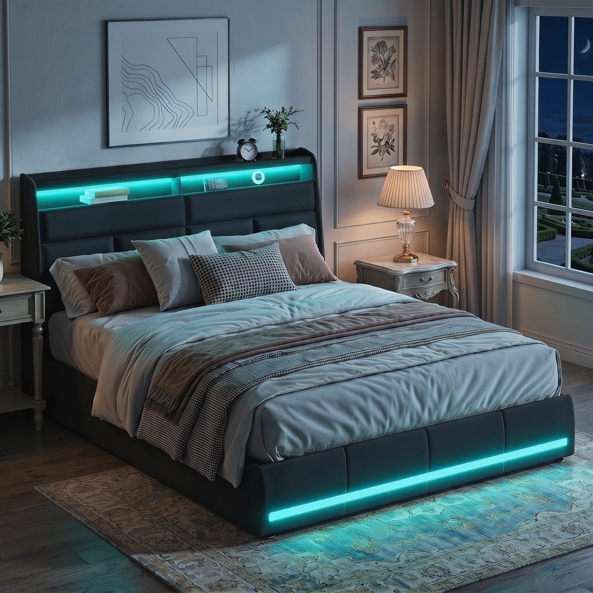 PXloue Stauraumbett Polsterbett Doppelbett, mit LED-Beleuchtung und verstecktem Stauraum,160x200 cm