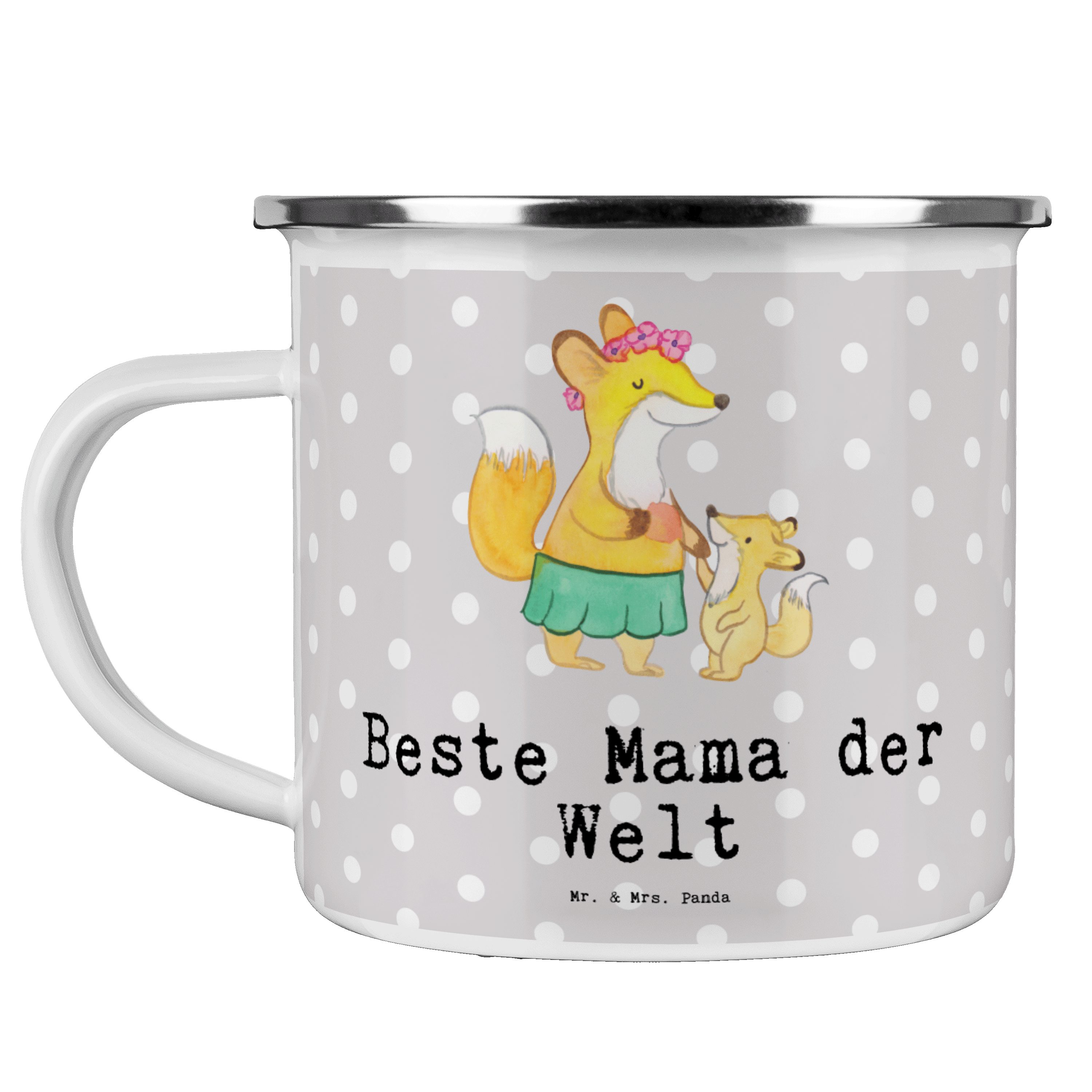 Mr. & Mrs. Panda Becher Fuchs Beste Mama der Welt - Grau Pastell - Geschenk, Supermama, Edels, Emaille