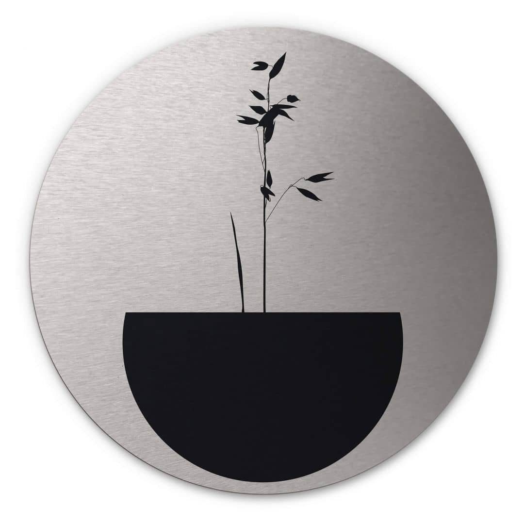 K&L Wall Art Alu-Dibond-Druck Metallposter Rund minimalistische Blume abstrakt Silber Kubistika, Metalloptik Wandbild Ø 30cm