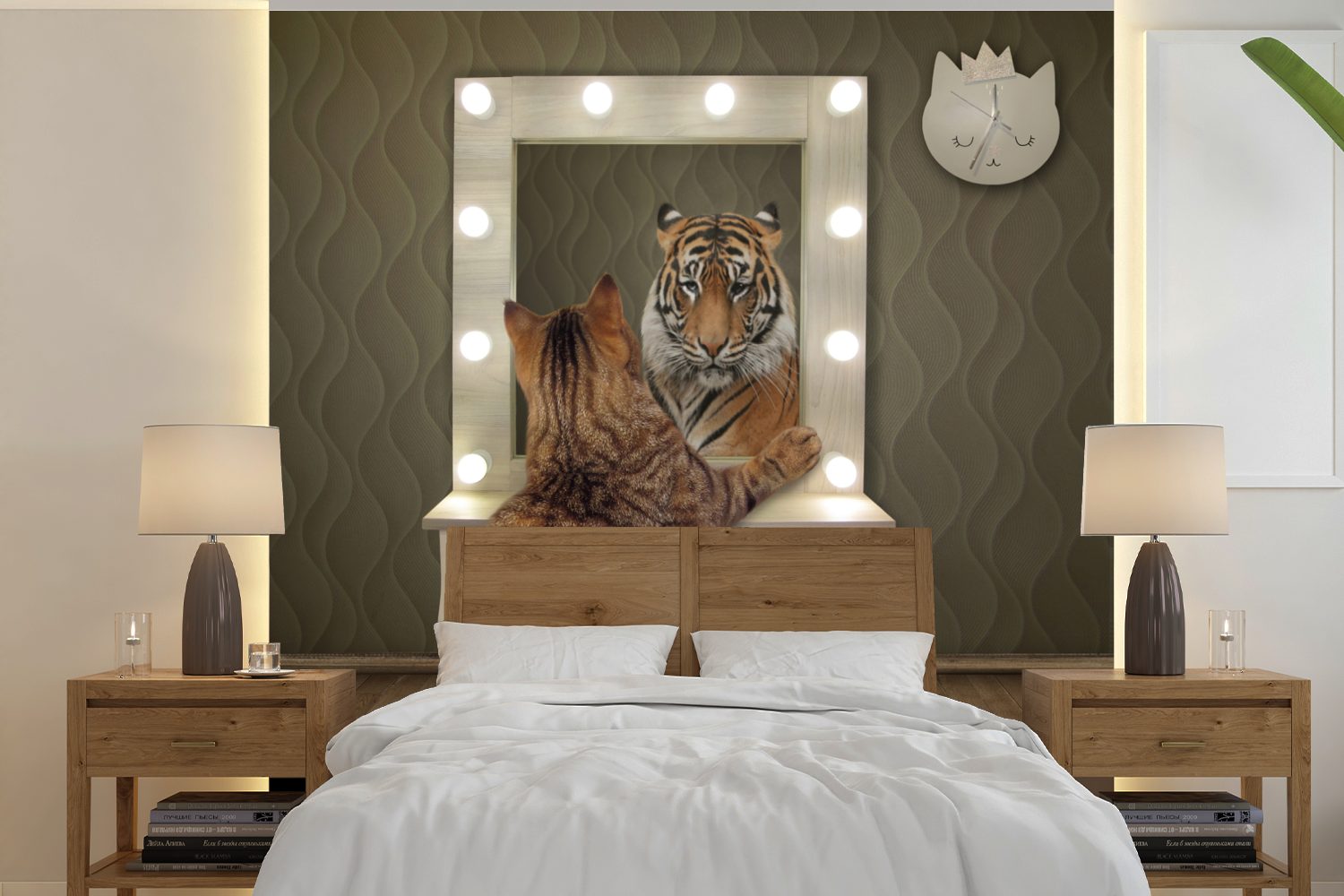MuchoWow Fototapete Tiger - Spiegel - Katze, Matt, bedruckt, (5 St), Vinyl Tapete für Wohnzimmer oder Schlafzimmer, Wandtapete | Fototapeten
