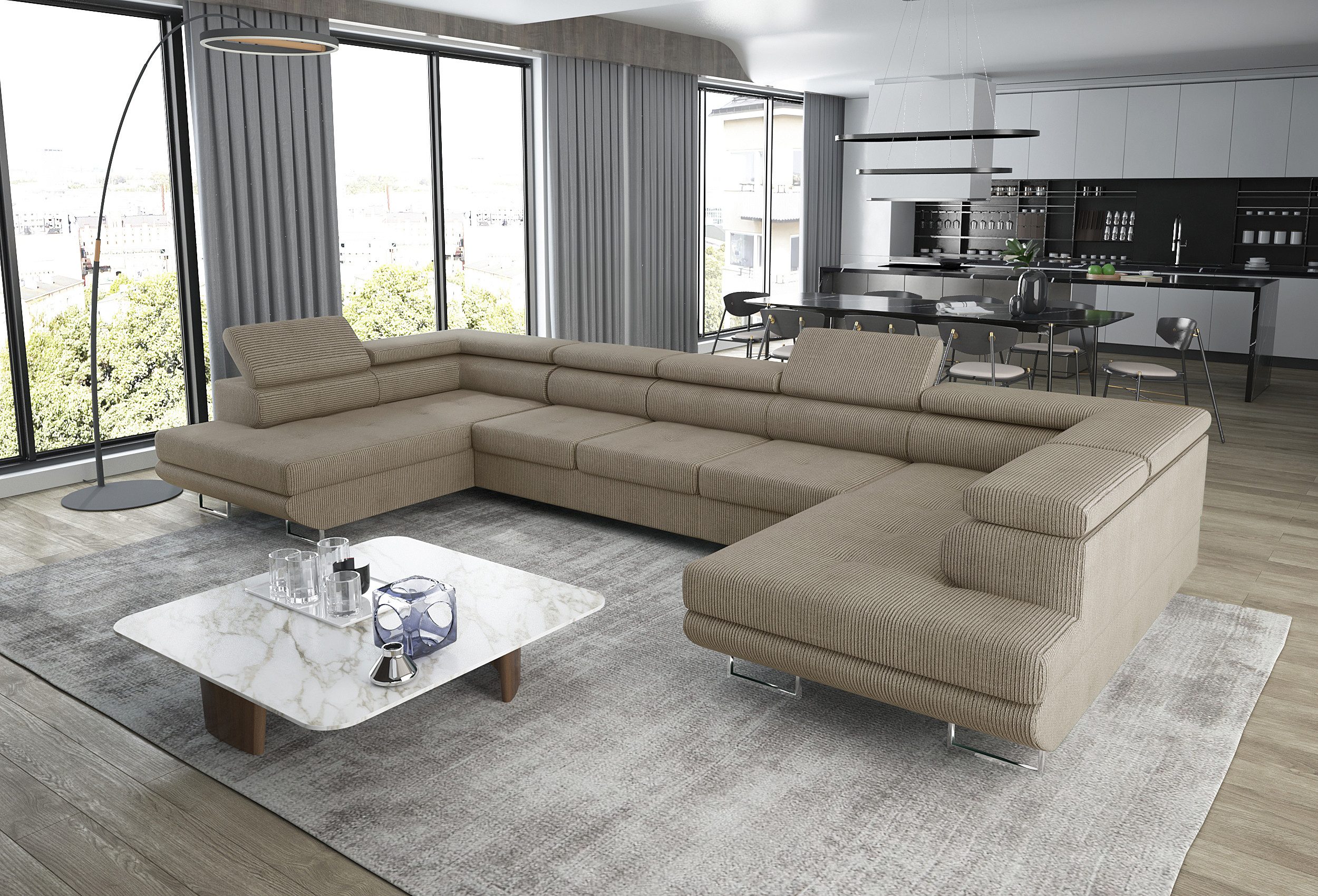 thematys Ecksofa Aston U 403 x 203cm mit Schlaffunktion & Bettkasten –, U-Sofa mit verstellbaren Kopfstützen, Samt (Monolotith), oder Cord (Poso), - U-Form, XL-Wohnlandschaft, 390 cm breit