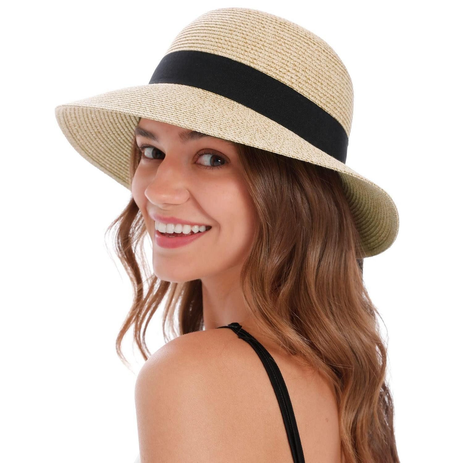 LuxusKollektion Sonnenhut Sonnenhut Damen Strohhut UV Schutz verstaubar Einheitsgröße 01-beige