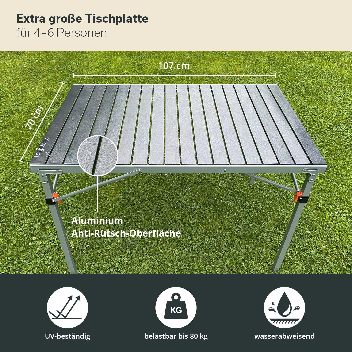 Skandika Campingtisch Aluminium Klapptisch Maikku, einrollbare Tischplatte, wasserfest (Mit Korrosionsschutz, Wasserabweisend, Hitzeresistent), für 6 Personen, 80 kg Traglast, 107 x 70 x 70 cm, Falttisch für Garten