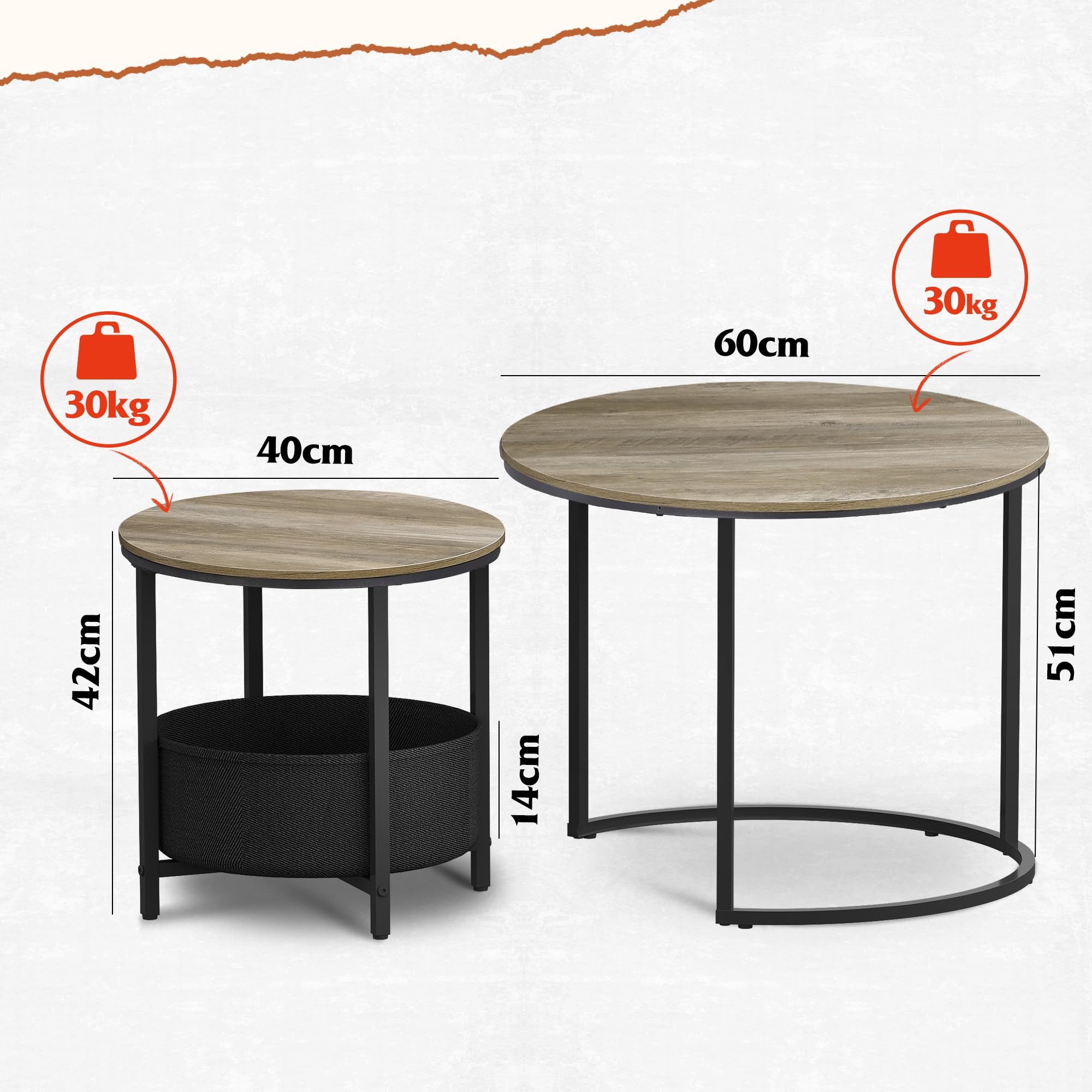 WLIVE Couchtisch Couchtisch 2er‑Satztisch rund mit Stauraum, (Beistelltisch mit Stoffkorb & Metallgestell, Holzoptik, 2er Set), 2 in 1 Verschachtelung