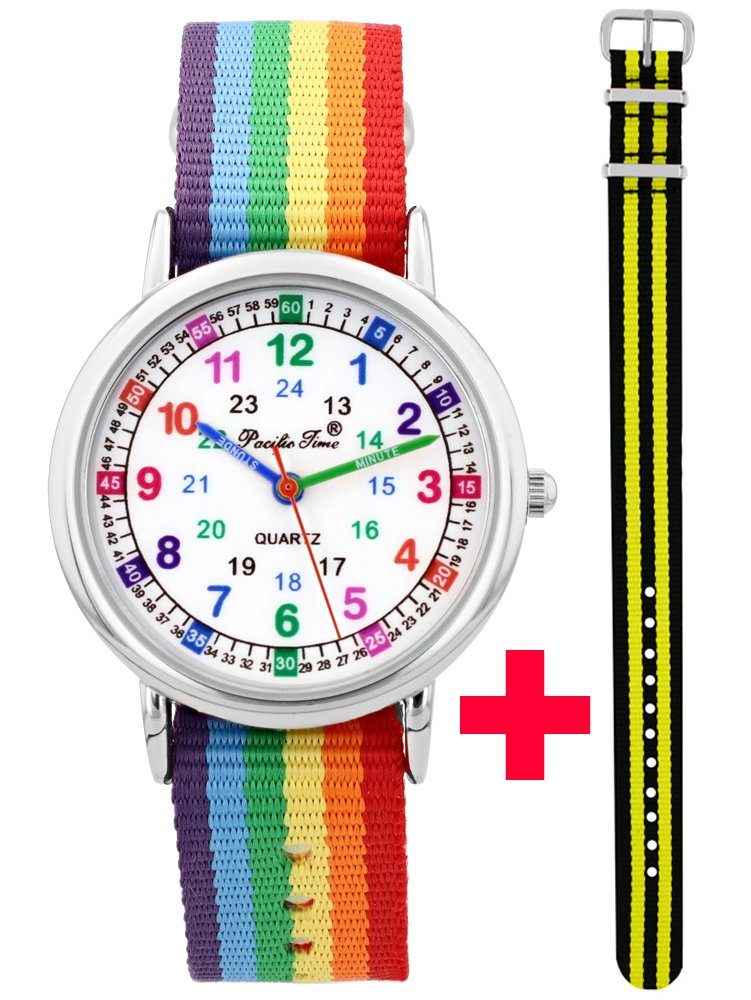 Gratis + Quarzuhr schwarz Lernuhr Regenbogen Versand Pacific Textil Armband - Time gelb 12920, farbenfrohes Wechselarmband Armbanduhr Jungen