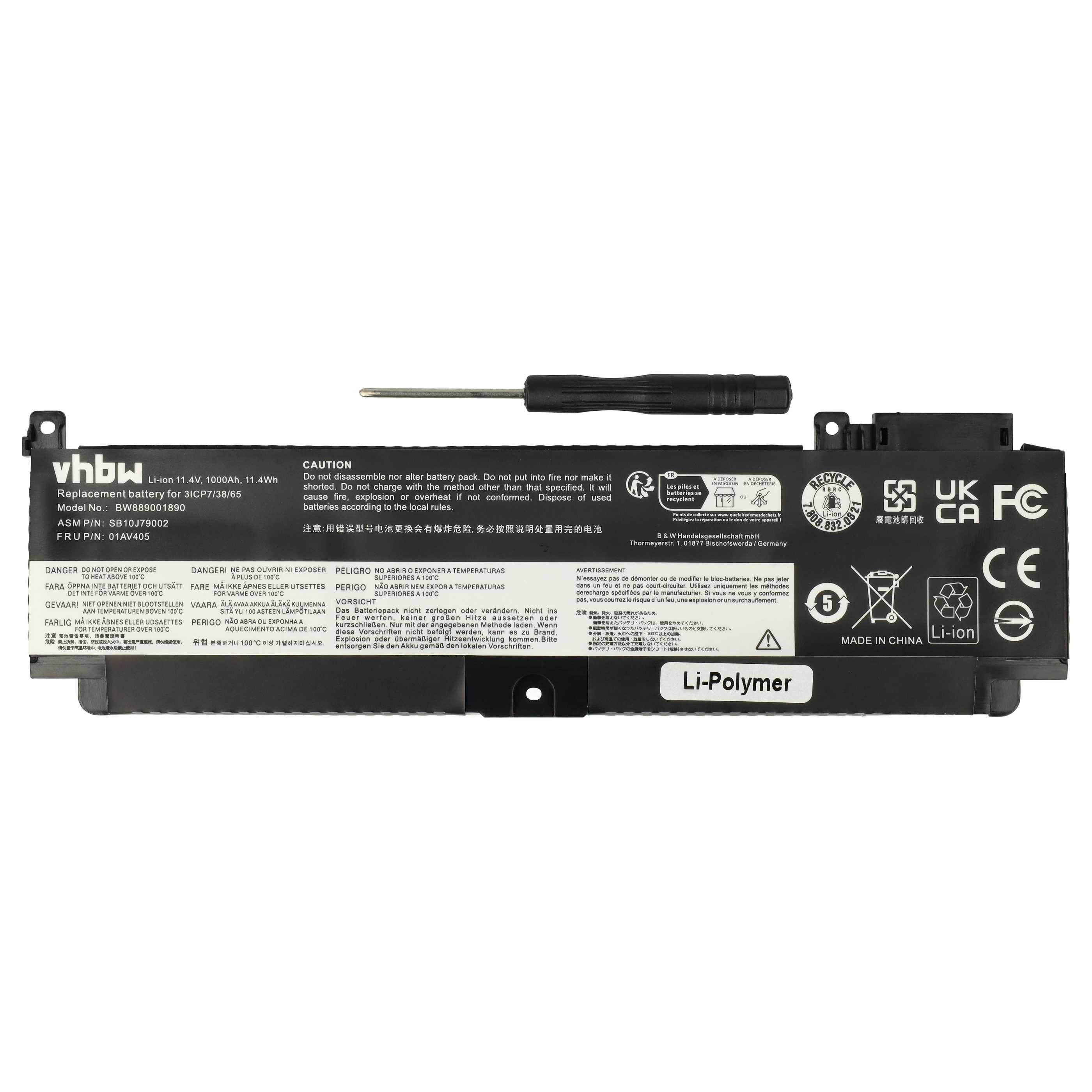 vhbw Akku Ersatz für Lenovo 00HW025, 00HW024, 00HW038, 01AV406, 01AV405, Laptop-Akku Akku Li-Polymer 1000 mAh (11,4 V, 1 St), Leistungsfähiger Austausch-Akku für Notebook, Wiederaufladbar, Jede