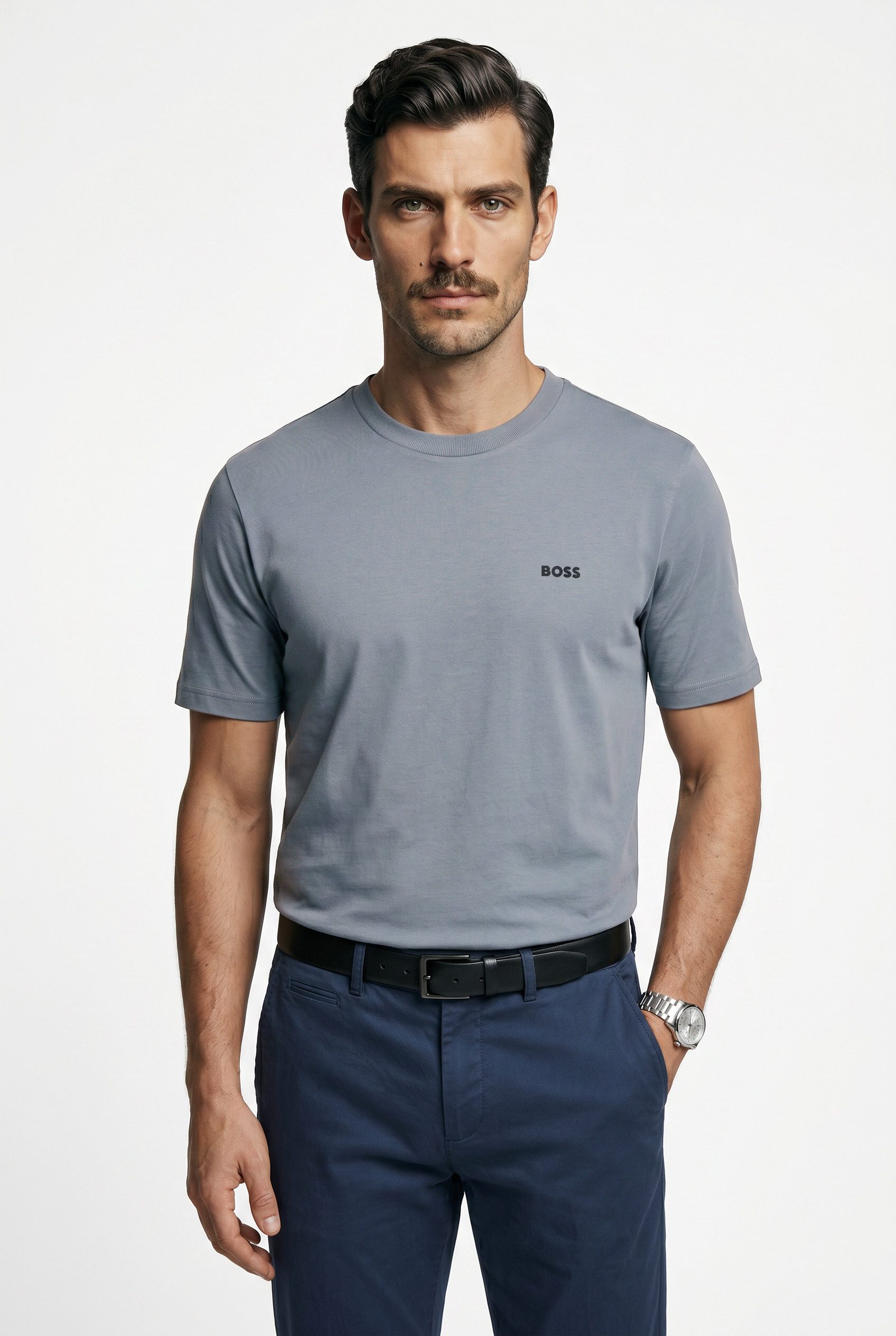 BOSS GREEN Rundhalsshirt Tee Regular Fit Stretch Jersey Cotton, Logo on Chest, Rundhals