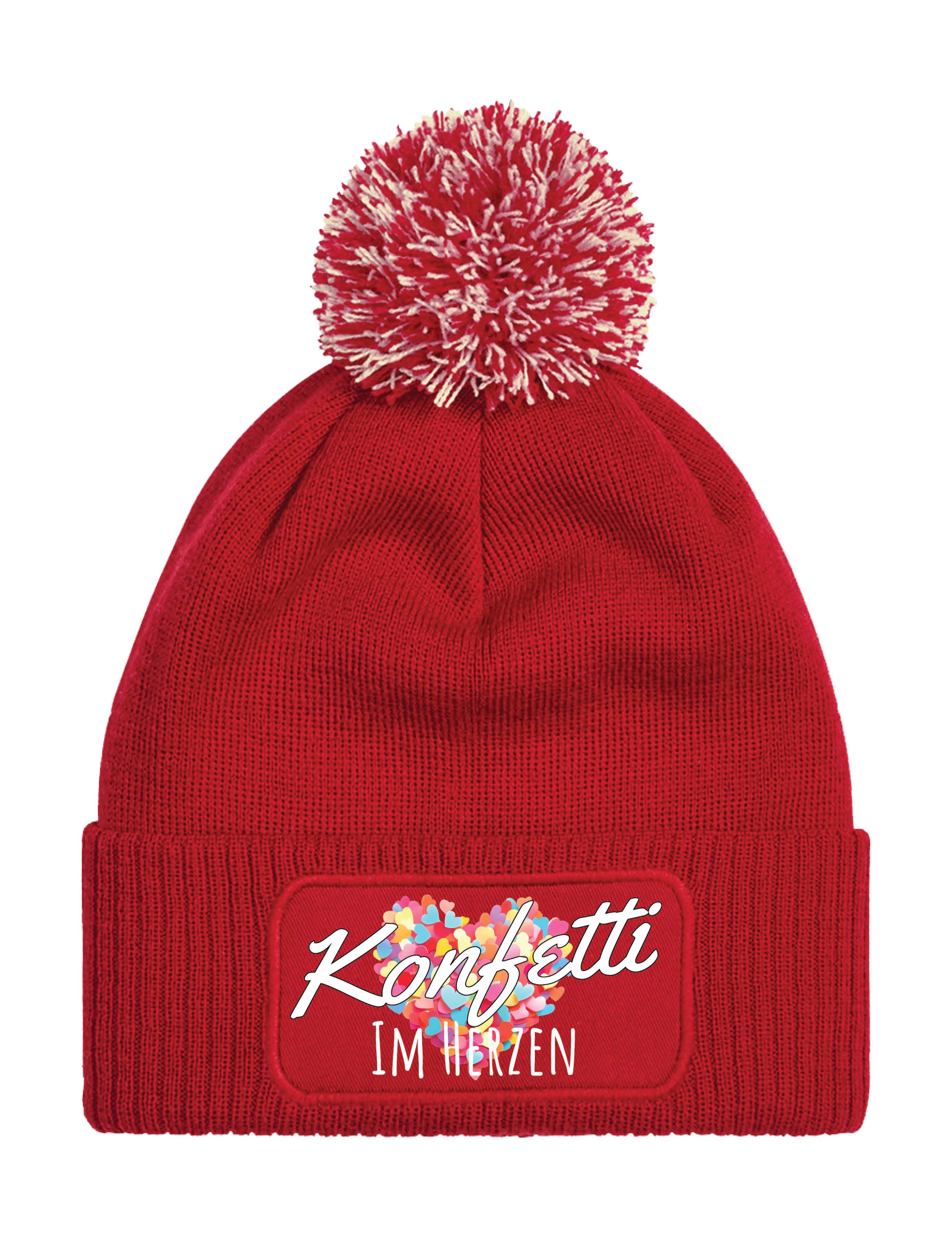 Youth Designz Bommelmütze Unisex Strick Bommel Beanie Mütze Konfetti im Herz Aufdruck Geschenk mit lustigen Logo für Damen und Herren