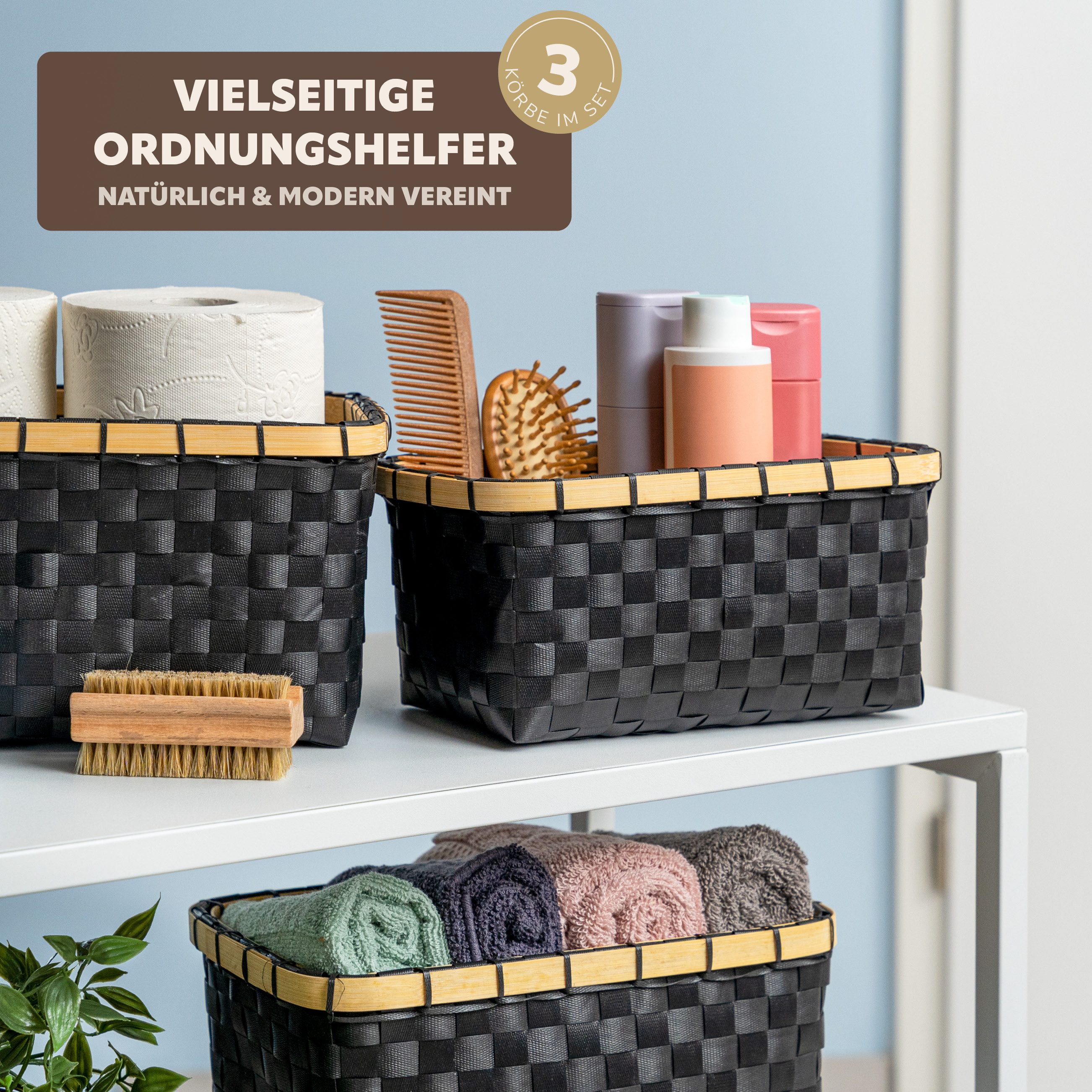 bremermann Aufbewahrungskorb Aufbewahrungskörbe 3er Set, Bambus/PP-Streifen, 25,5 + 28 + 31 cm (3 St., 3 verschiedene Größen)