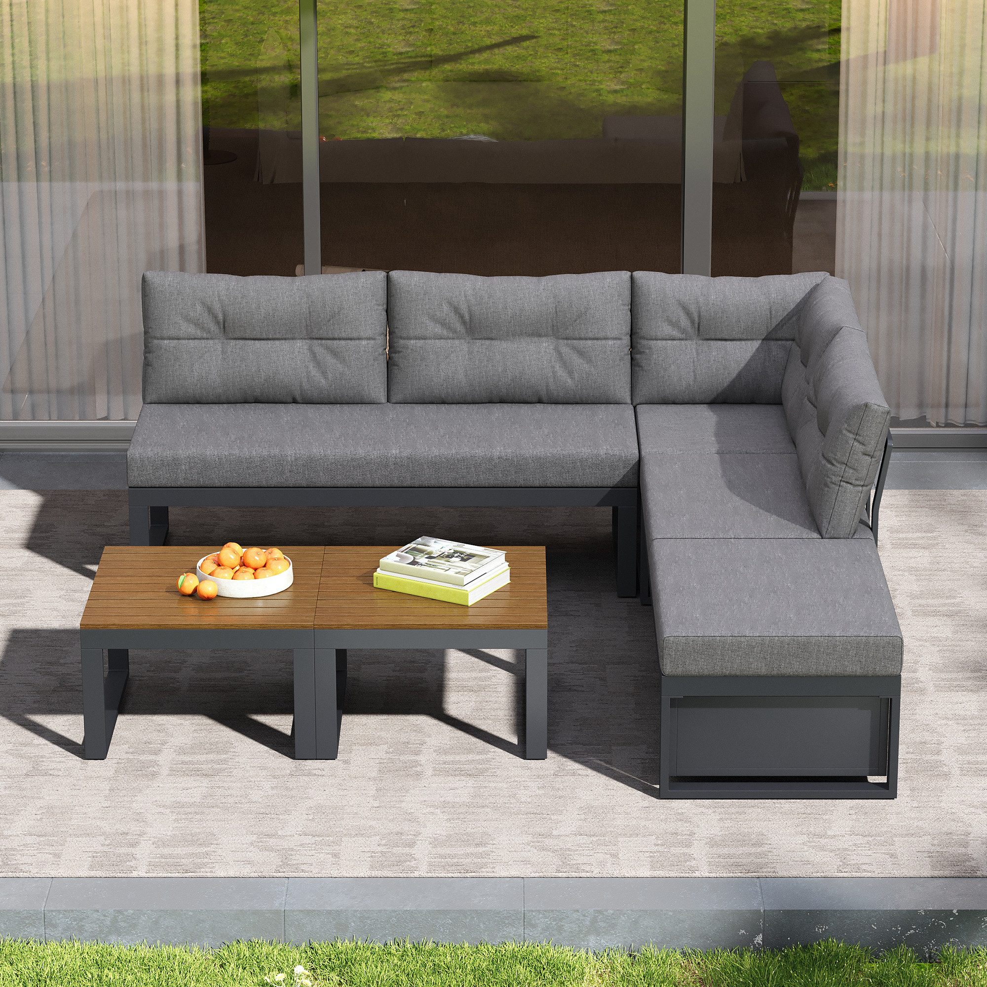 KLAM HOME Gartenlounge-Set 4-6 Sitzer Modernes Gartenmöbelset Gartenlounge-Set Ecksofa, (3-stufig verstellbare Rückenlehne+Liegefunktion+Stauraum), Wetterfest Polyester für Außenbereich, Terrasse, Balkon und Garten
