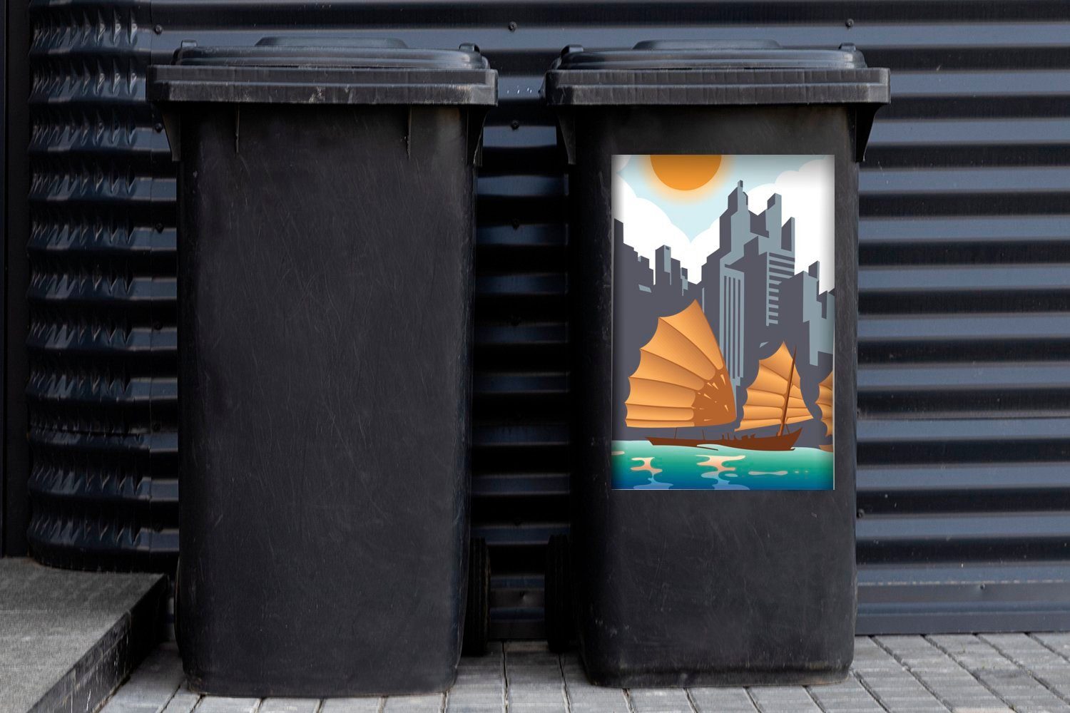 MuchoWow Wandsticker Bunte Illustration mit der Booten Hongkong Sticker, Container, St), Abfalbehälter Mülltonne, Sonne von Mülleimer-aufkleber, (1 und