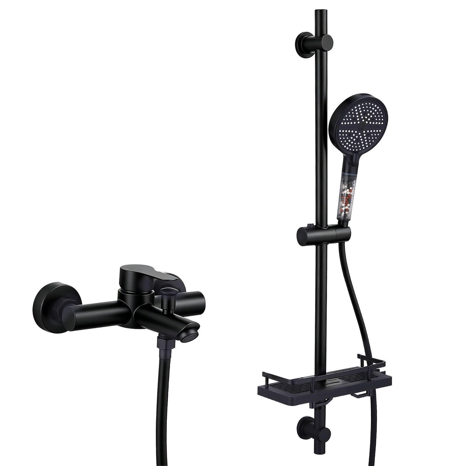 HOMELODY Duschsystem Badewannenarmatur mit Duschset schwarz höhenverstellbar 6 Strahlarten, SUS304 Edelstahl Wannenarmatur mit Handbrause Filter und Ablage