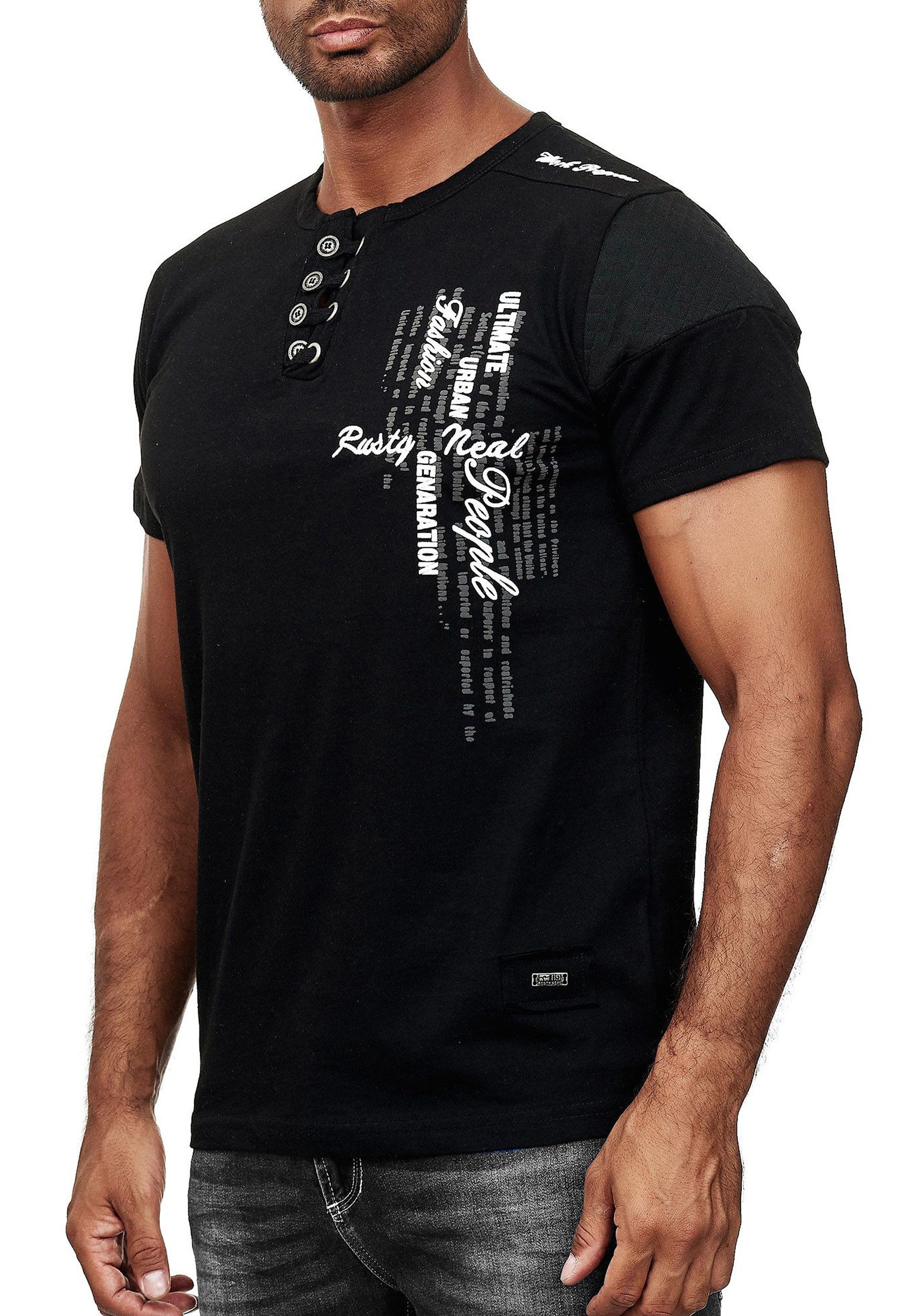 T-Shirt T-Shirt Verwaschen mit Knopfleiste und Seitlichem Aufdruck S - 4XL