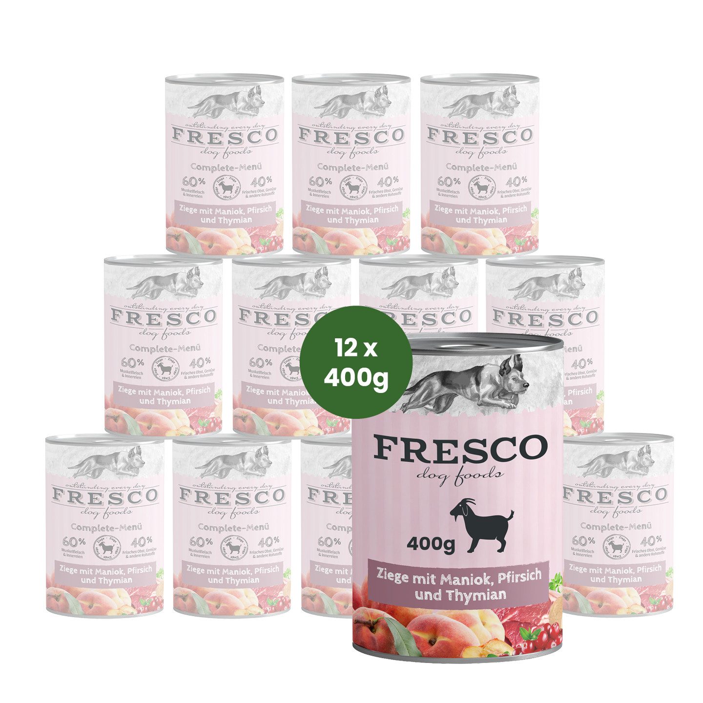 Fresco Dog NassBarf Hypoallergenes Hundefutter Nass 12 x 400g, Ziege mit Maniok, Pfirsich & Thymian, Nassfutter für: Hunde, Getreidefrei, hochverträglich