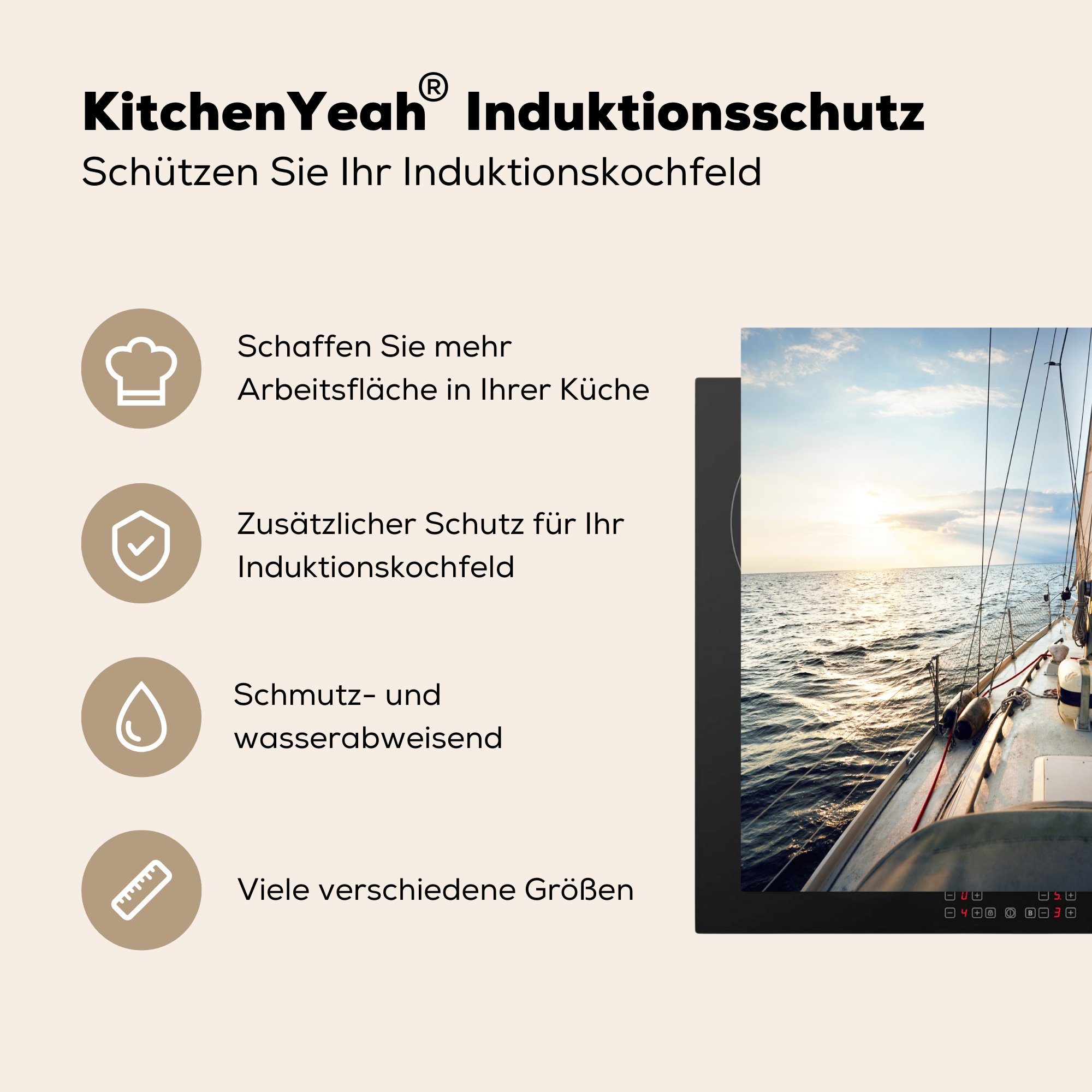 59x52 MuchoWow Herdblende-/Abdeckplatte - küche, tlg), - Ceranfeldabdeckung Segelboot die für Meer Sonne, Vinyl, cm, Induktionsmatte (1