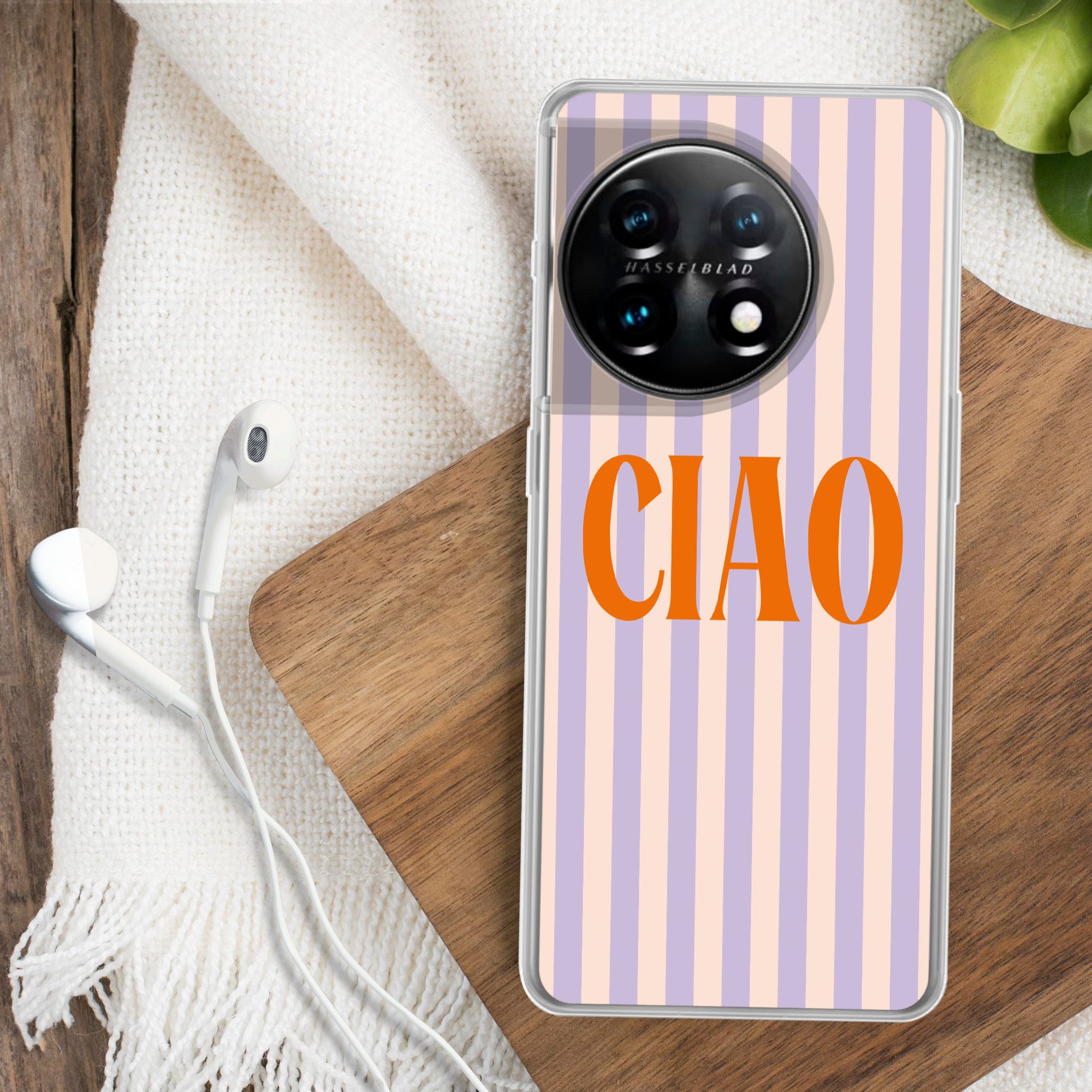 MuchoWow Handyhülle für OnePlus 11 Ciao - Zitat - Pastell - Streifen, Handy Case, Silikon, Bumper Case Dünn
