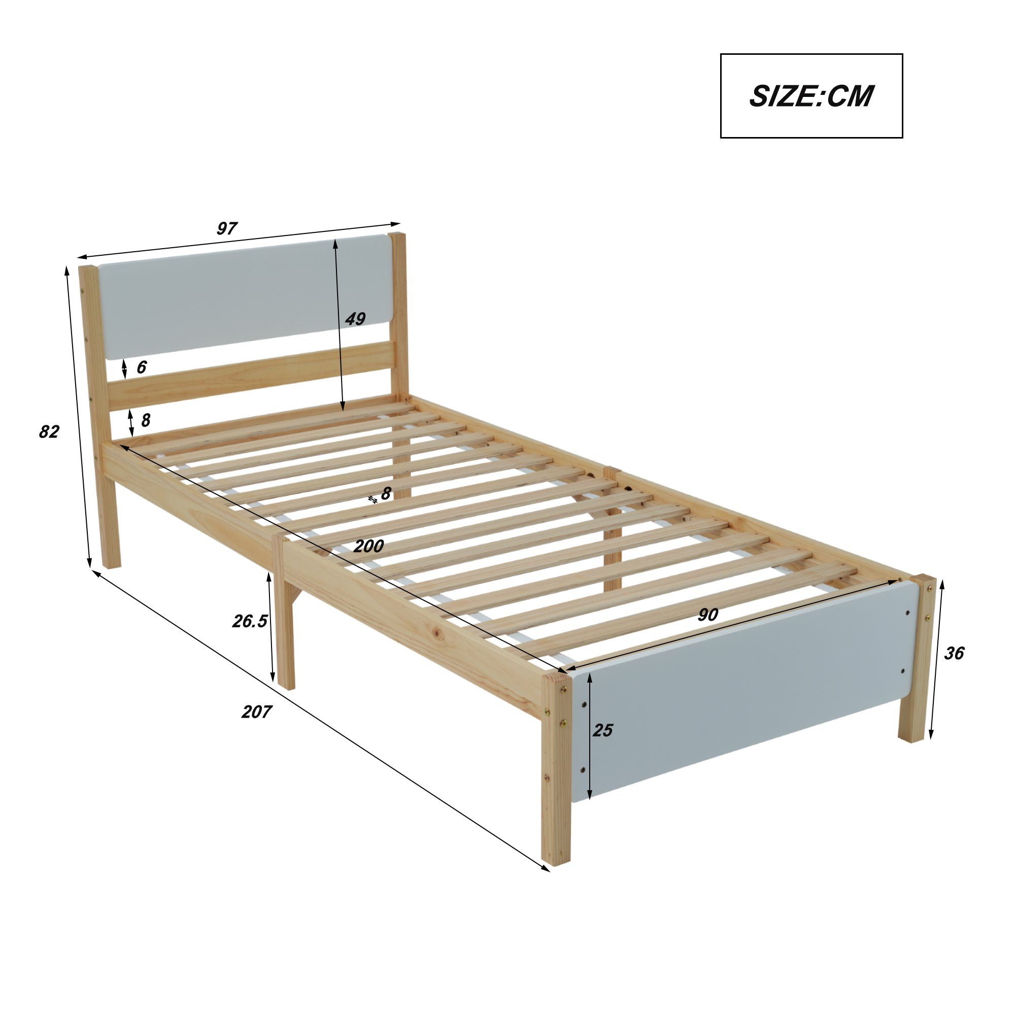 Massivholzbett, Einzelbett mit Kopfteil und Lattenrost, Futonbett 90x200cm