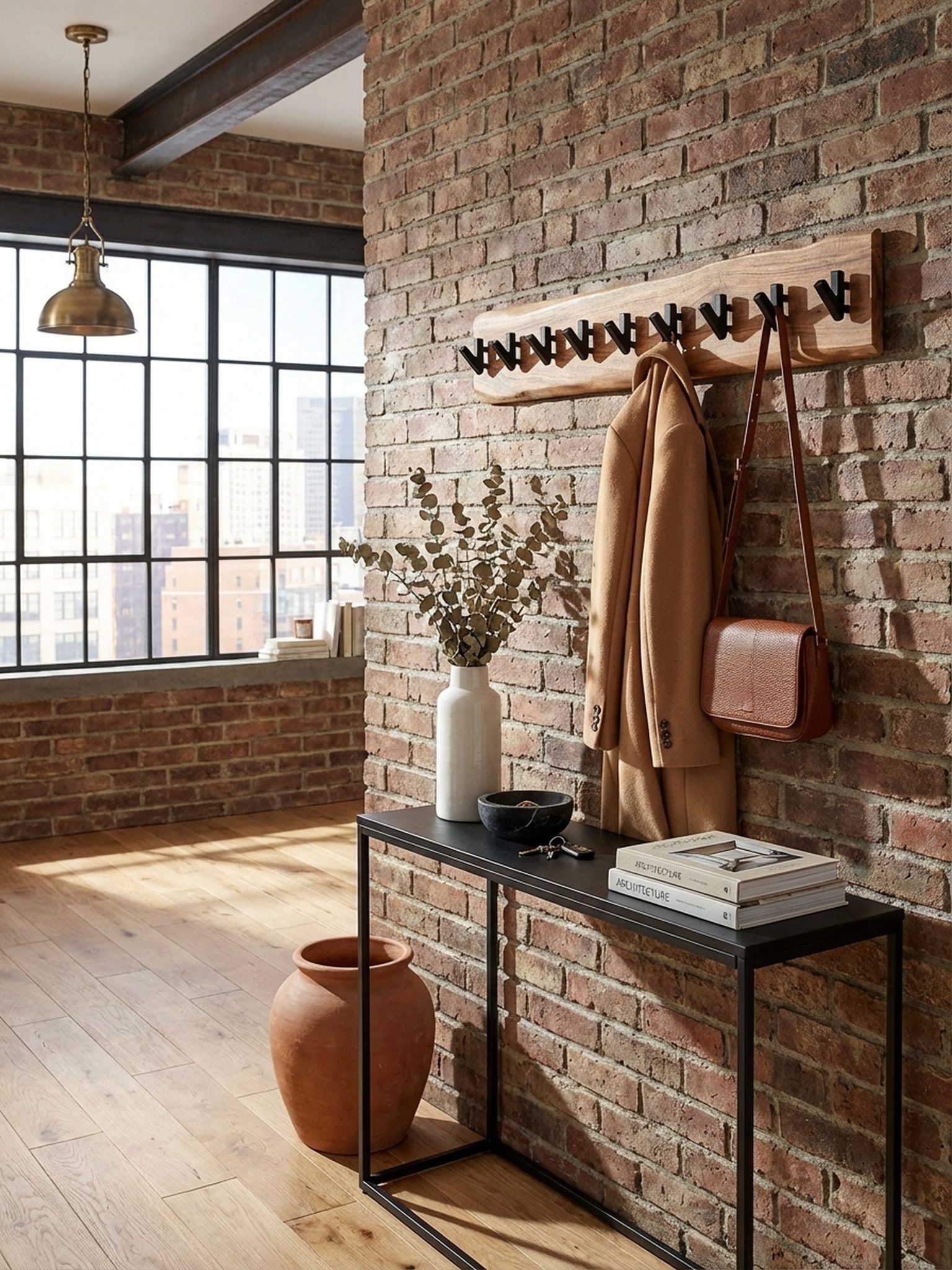 KADIMA DESIGN Wandgarderobe Design Wandgarderobe Akazie Massivholz / Metall 90 x 19 x 9 cm (Garderobe Holz), Hakenleiste Flurgarderobe Wand