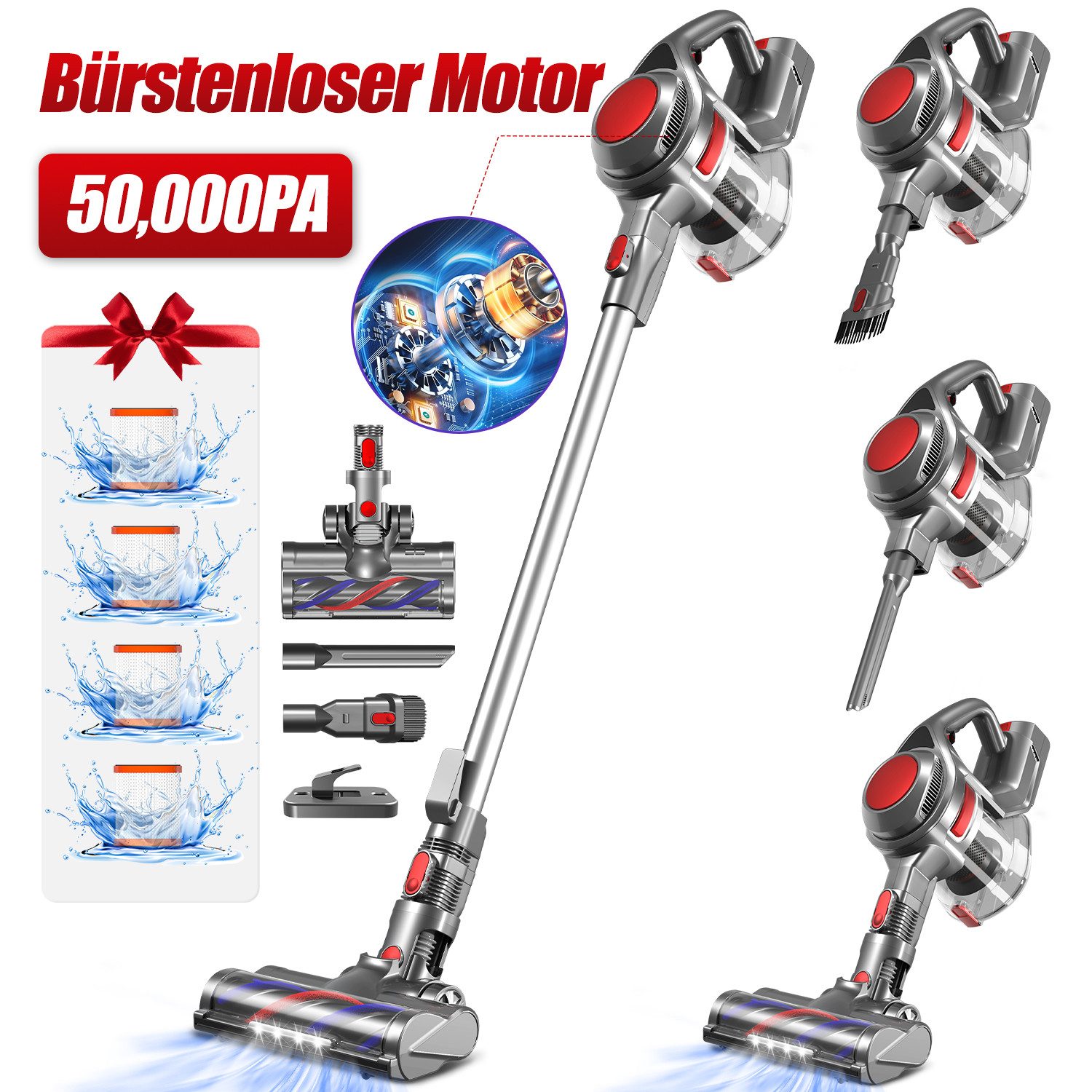Akku-Hand-und Stielstaubsauger Akku Staubsauger, Staubsauger Kabellos 50000Pa/50Min/1.6L mit 4 HEPA