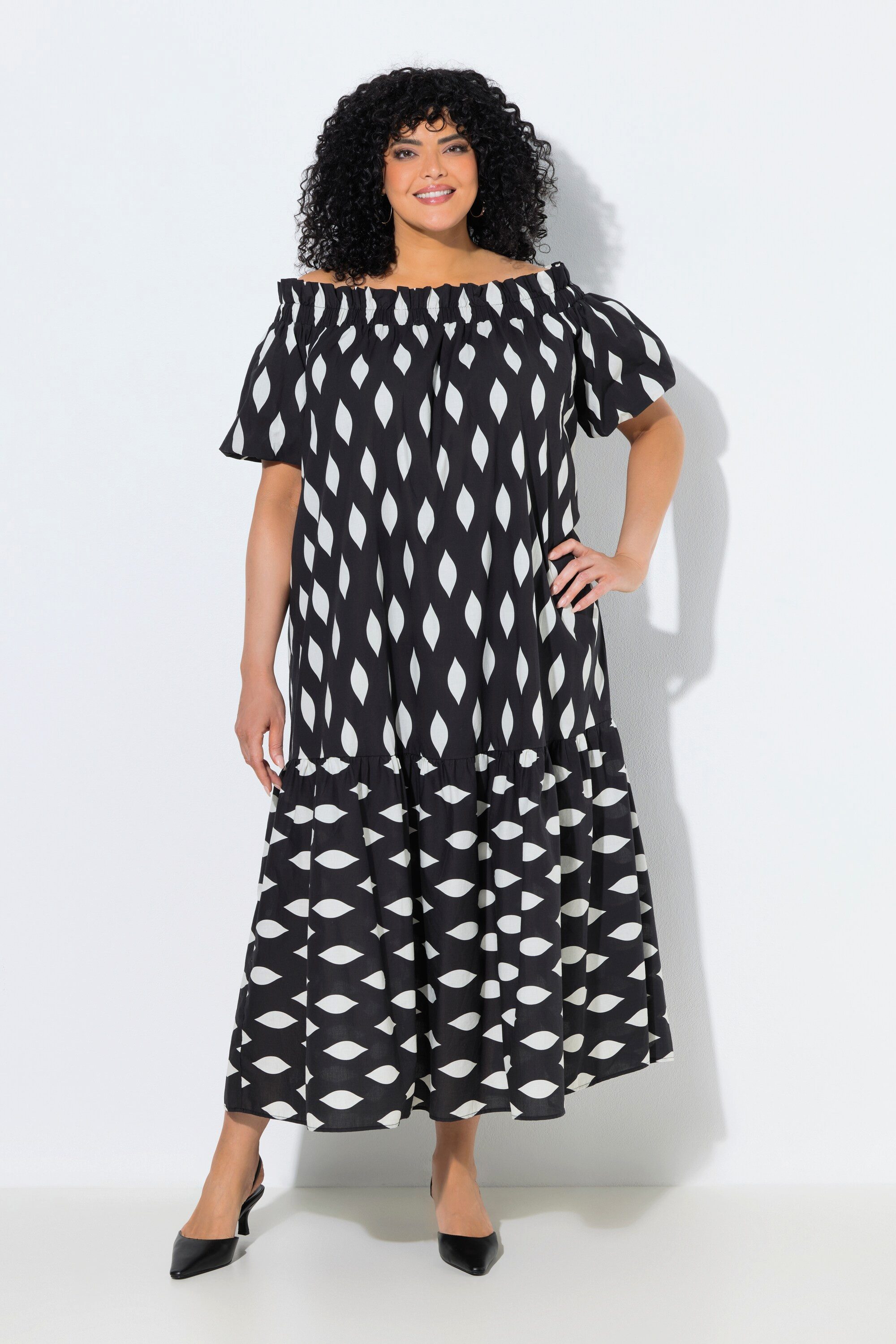 Ulla Popken Midikleid Maxikleid Wabenmuster Carmen-Ausschnitt