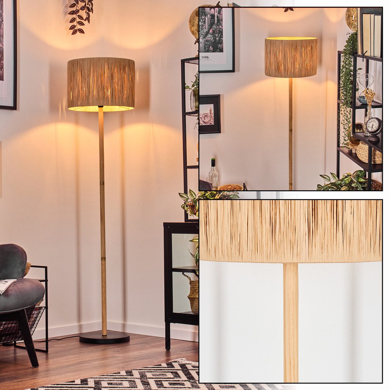Stehlampe Stehlampe aus Holz/Metall und Schirm aus Bast